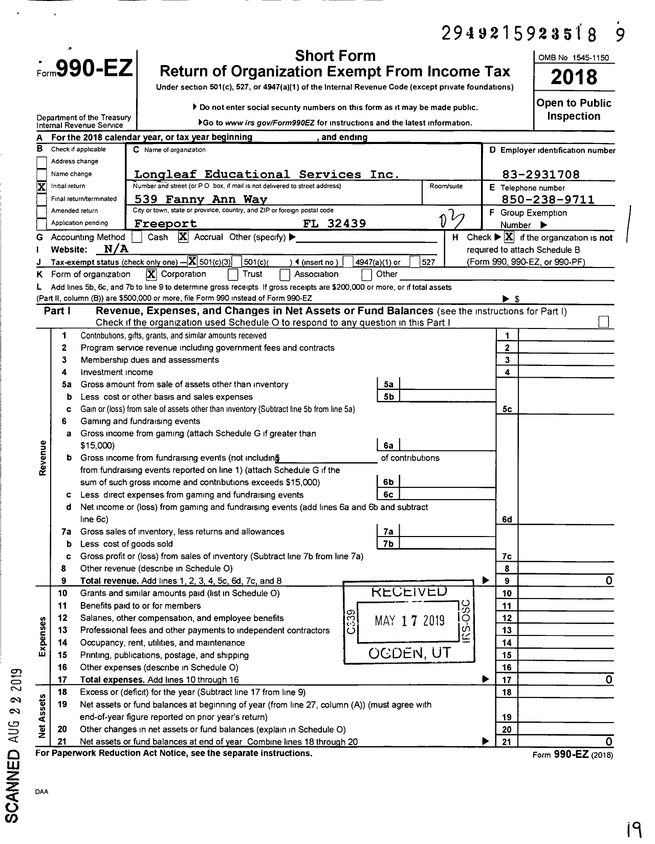 Image of first page of 2018 Form 990EZ for Longleaf Educational Services