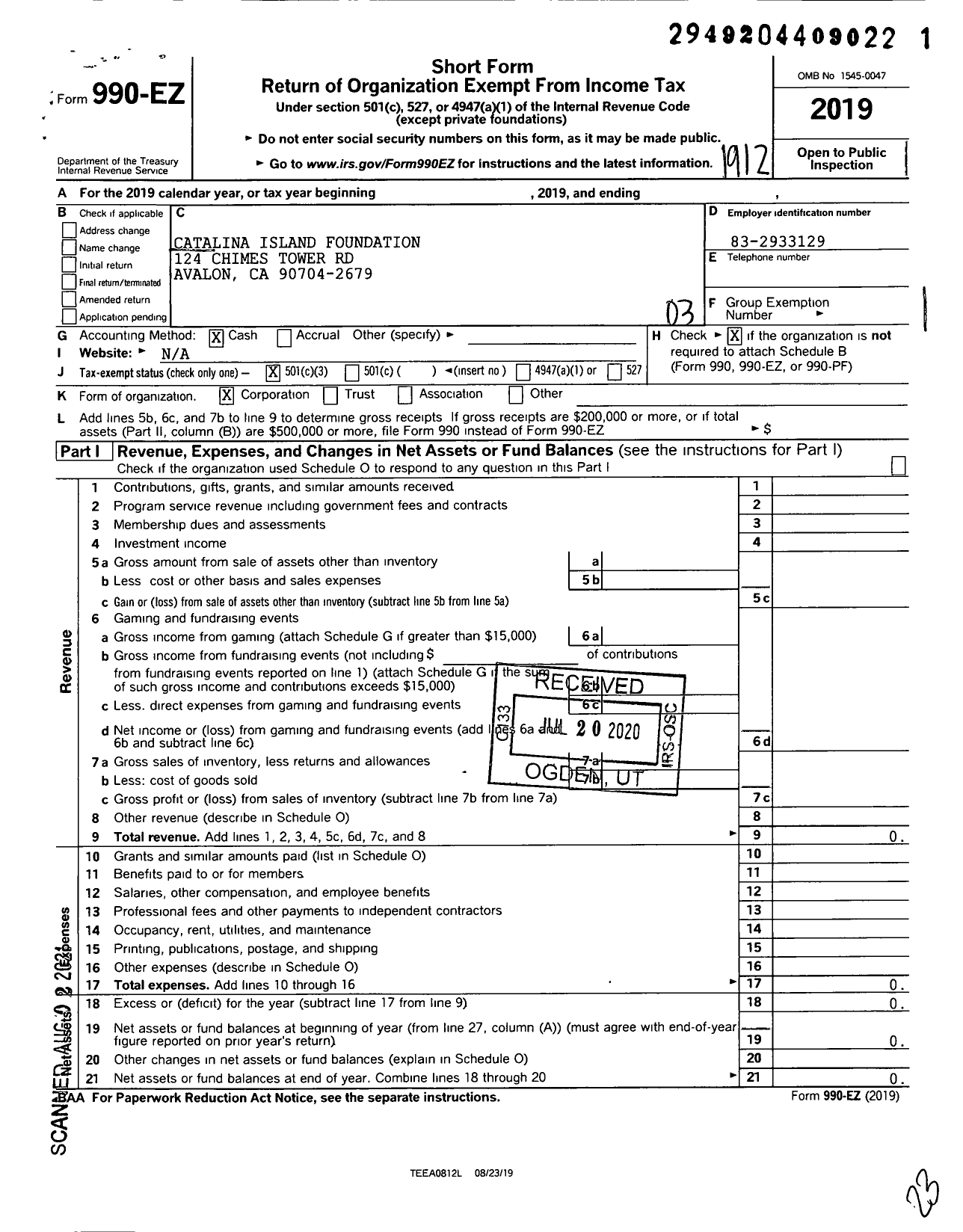 Image of first page of 2019 Form 990EZ for Catalina Island Foundation