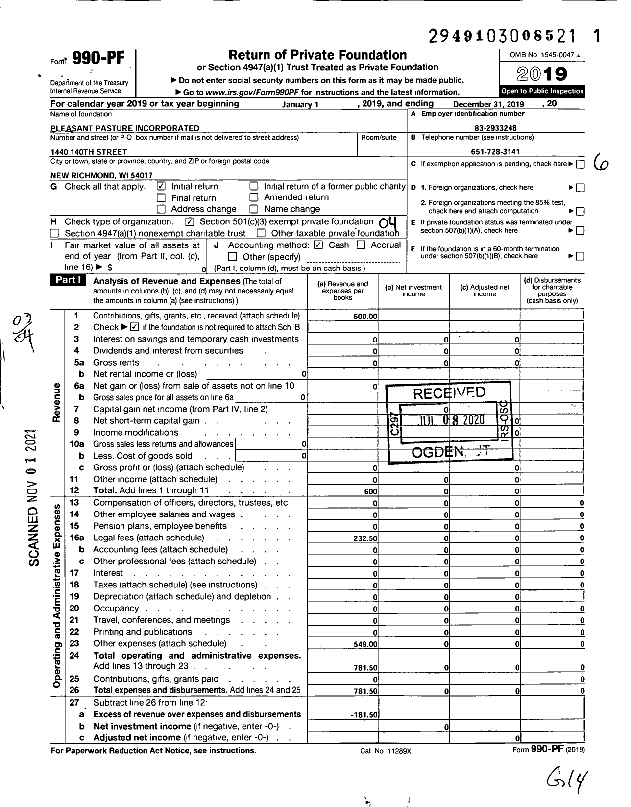 Image of first page of 2019 Form 990PF for Pleasant Pasture Incorporated