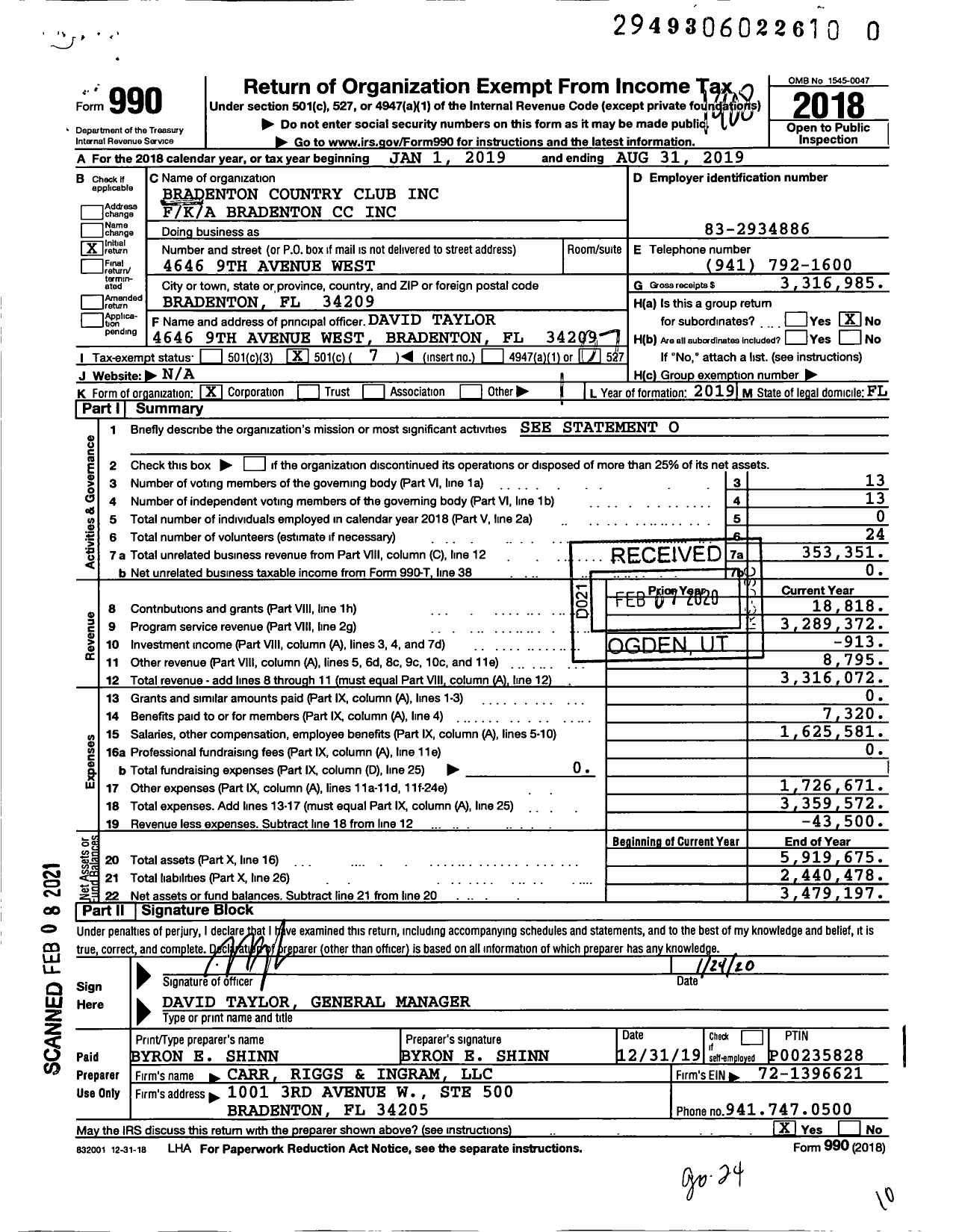 Image of first page of 2018 Form 990O for Bradenton Country Club