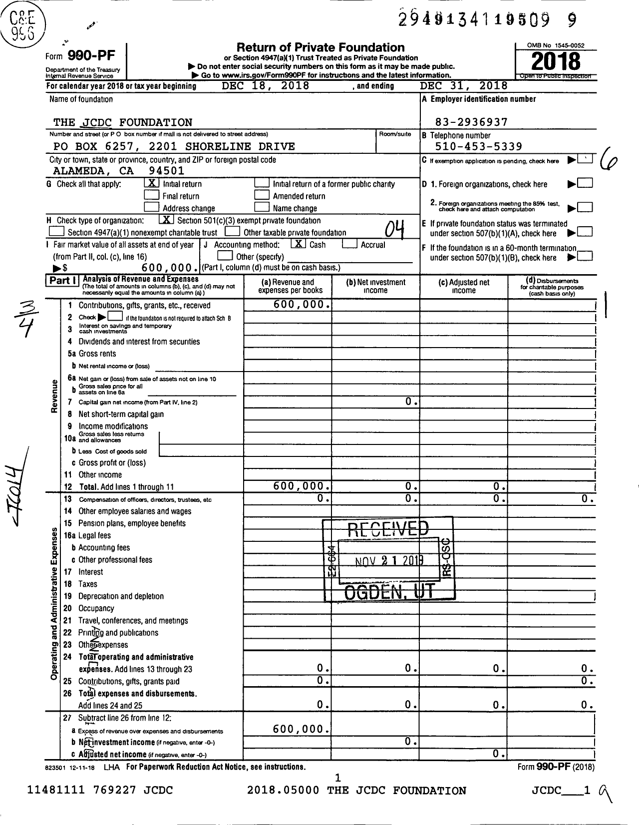 Image of first page of 2018 Form 990PF for The JCDC Foundation