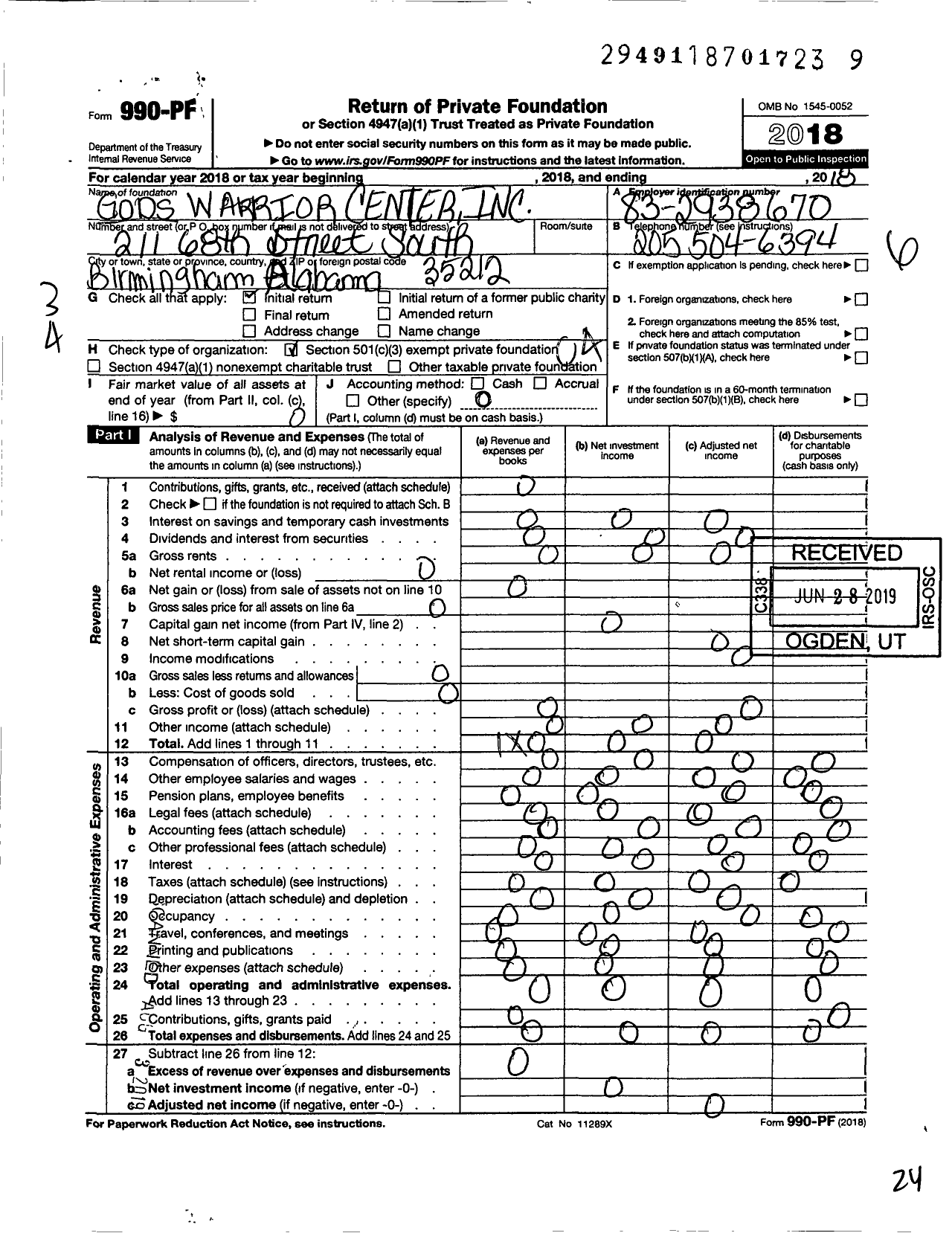 Image of first page of 2018 Form 990PF for Gods Warrior Center