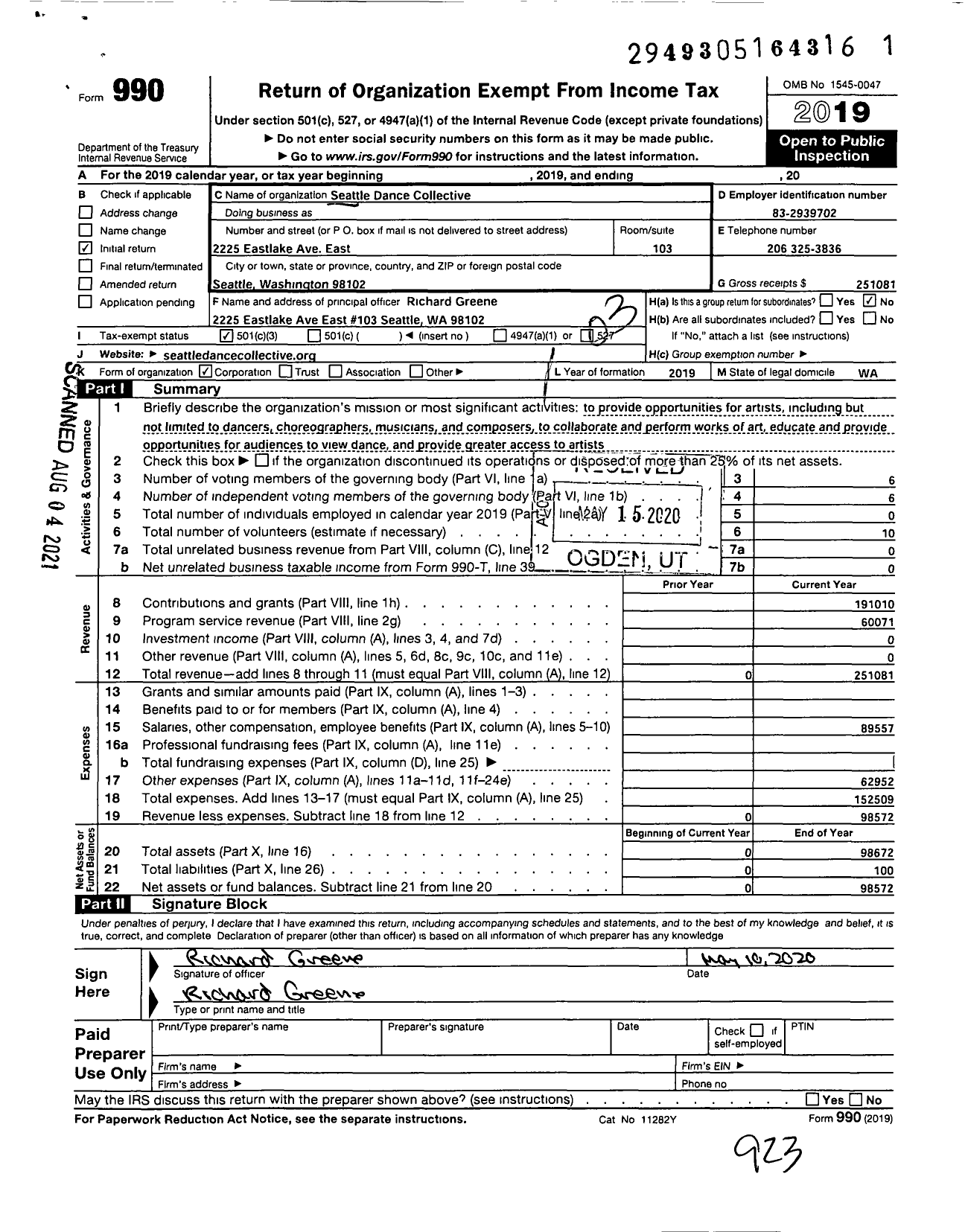 Image of first page of 2019 Form 990 for Seattle Dance Collective