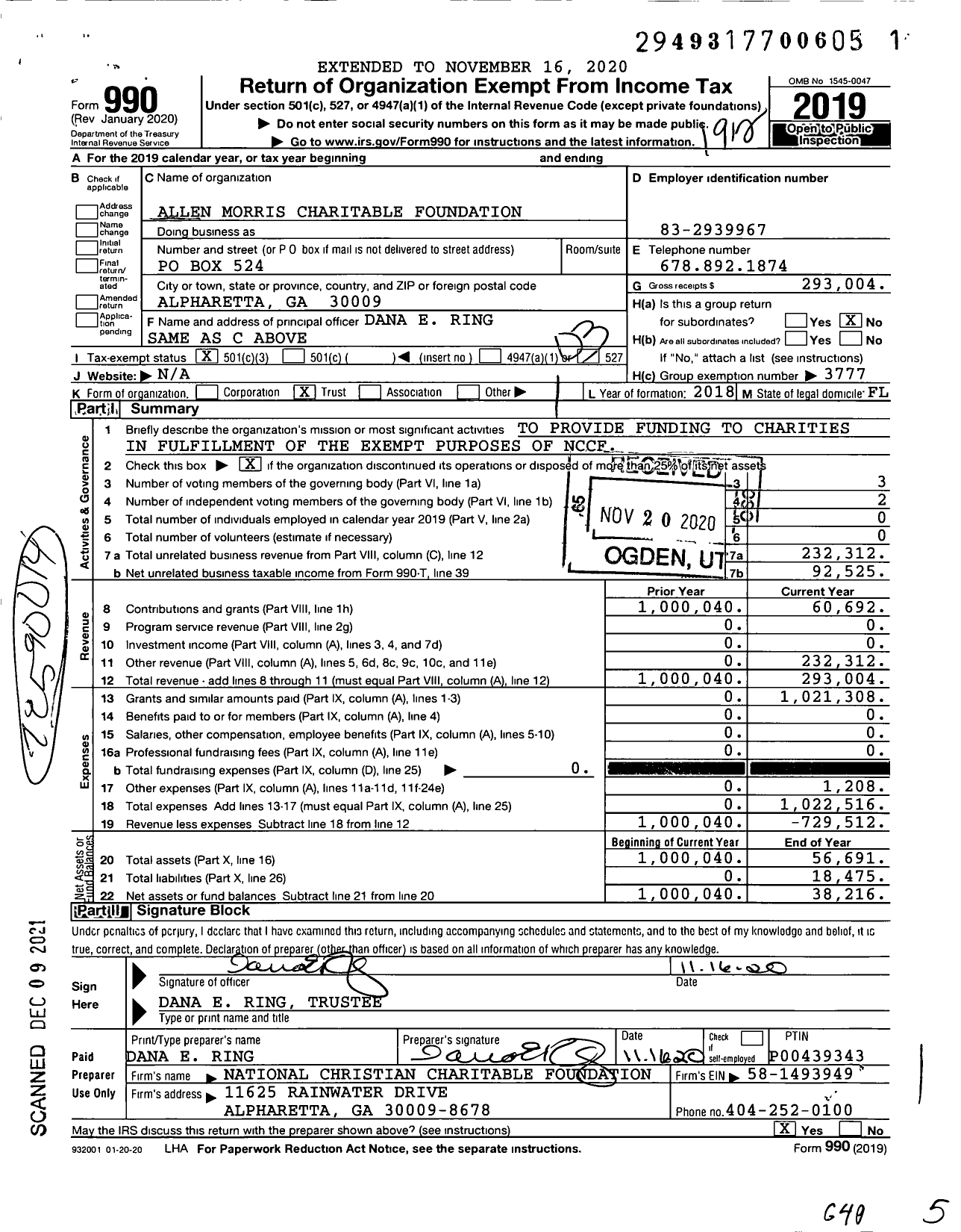 Image of first page of 2019 Form 990 for Allen Morris Charitable Foundation