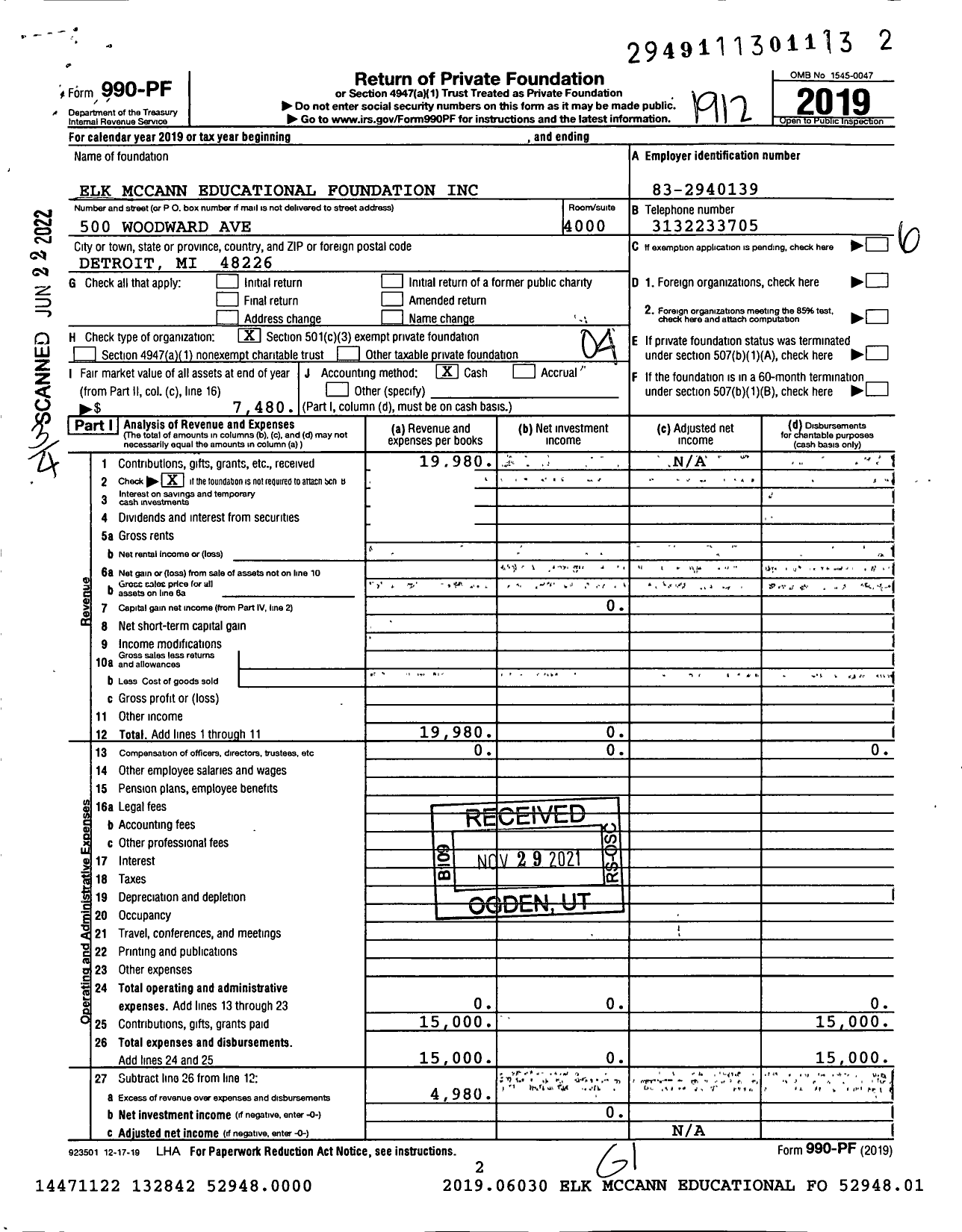 Image of first page of 2019 Form 990PF for Elk Mccann Educational Foundation