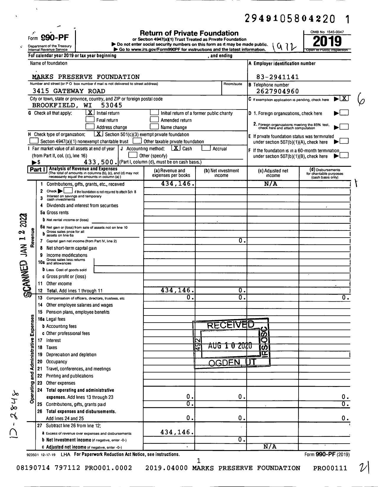 Image of first page of 2019 Form 990PF for Marks Preserve Foundation