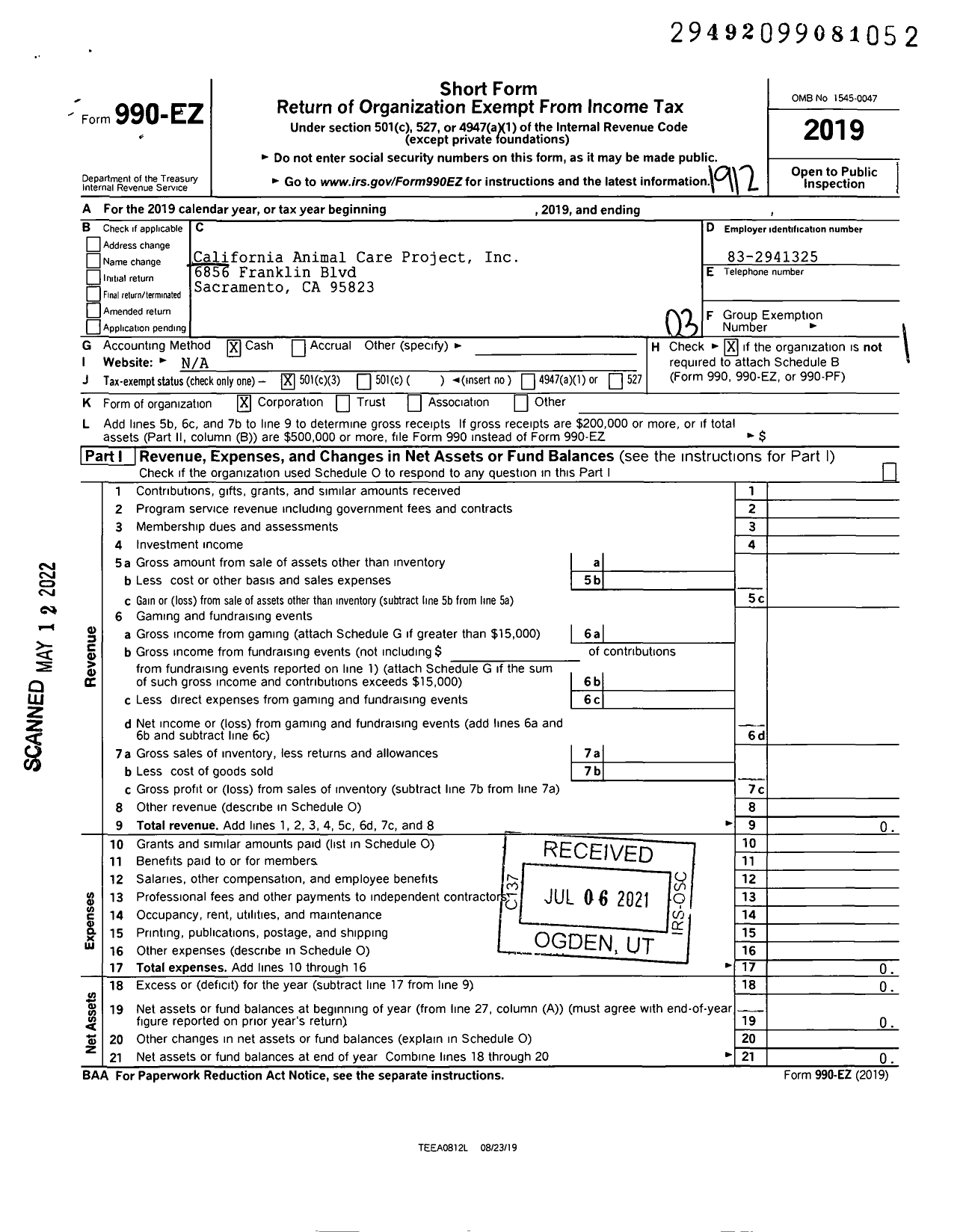 Image of first page of 2019 Form 990EZ for California Animal Care Project