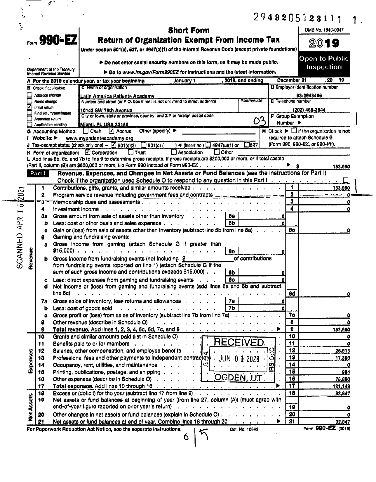 Image of first page of 2019 Form 990EZ for Latin America Patients Academy