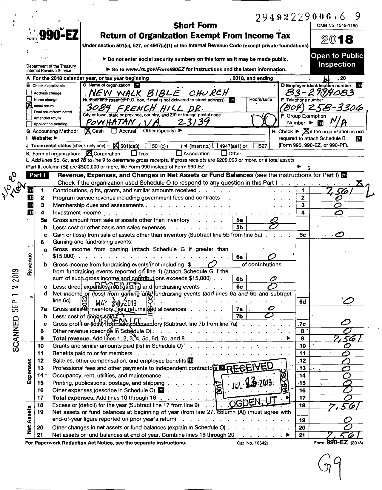 Image of first page of 2018 Form 990EO for New Walk Bible Church