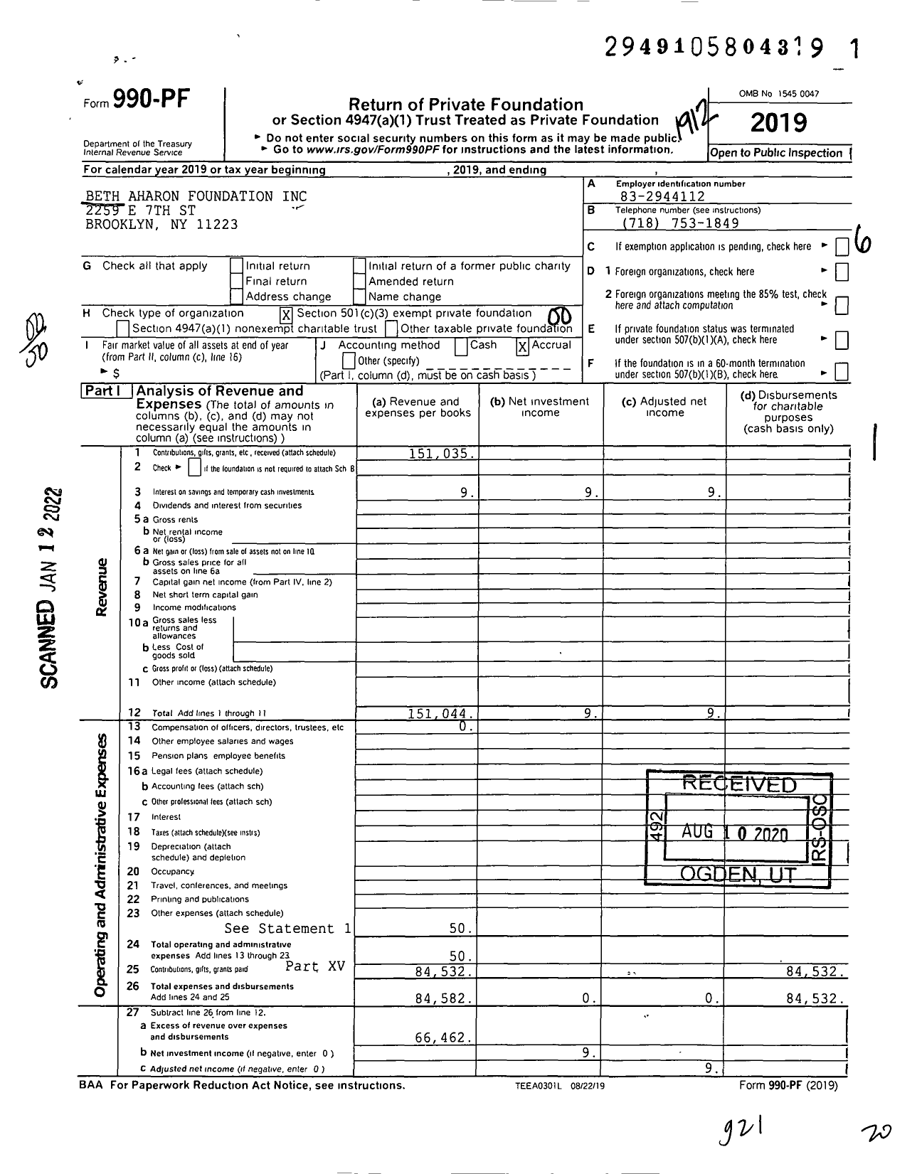 Image of first page of 2019 Form 990PF for Beth Aharon Foundation