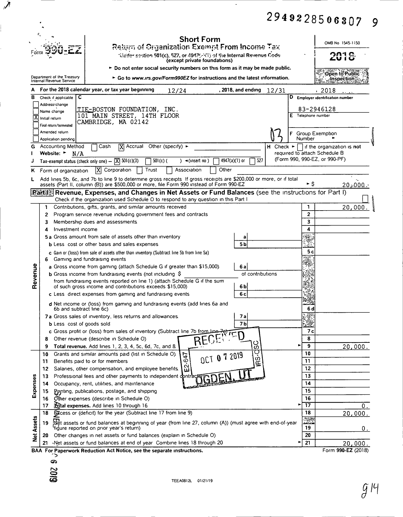 Image of first page of 2018 Form 990EZ for Tie-Boston Foundation