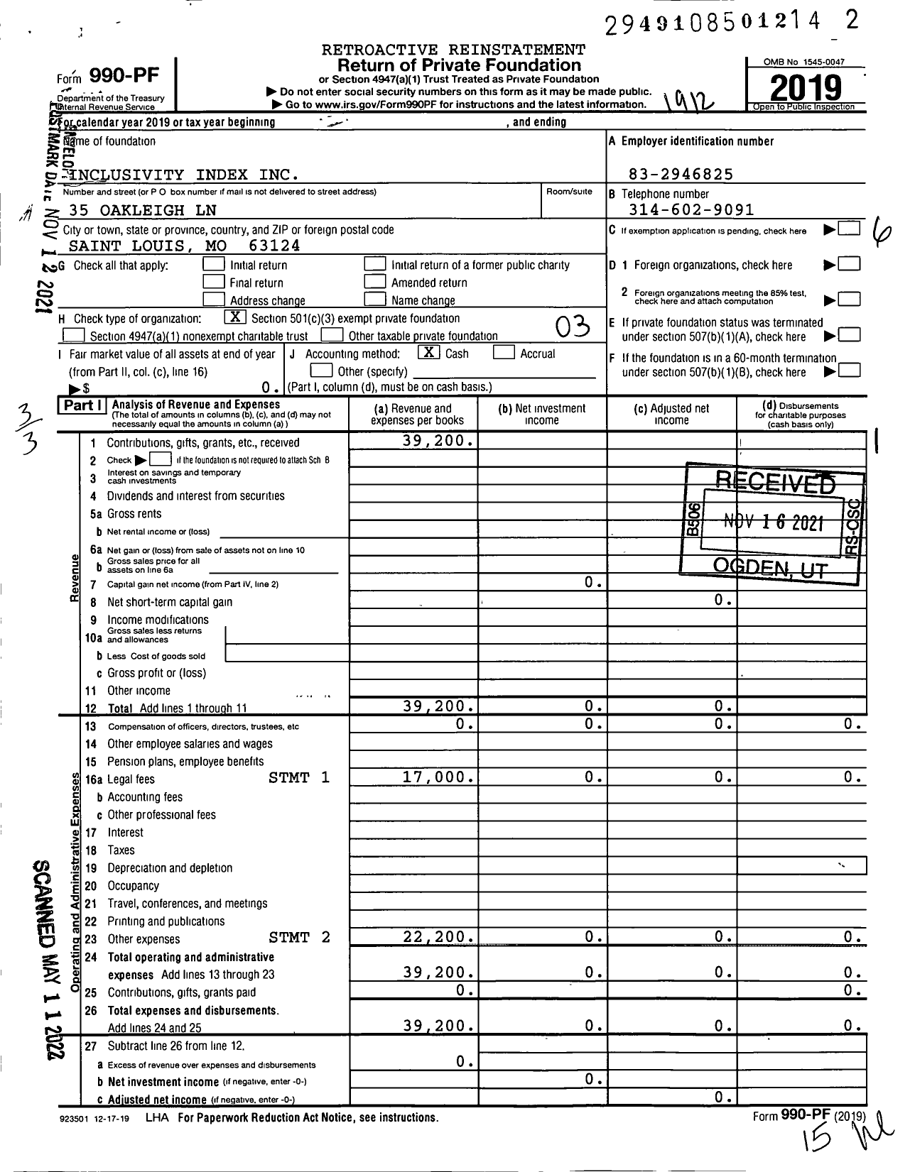 Image of first page of 2019 Form 990PF for Inclusivity Index