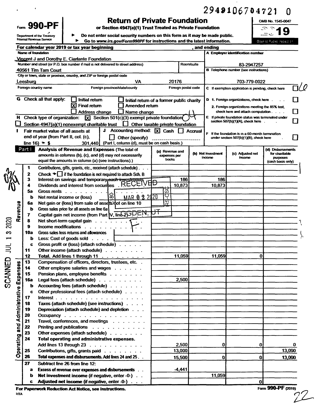 Image of first page of 2019 Form 990PR for Vincent J and Dorothy E Ciarlante Foundation