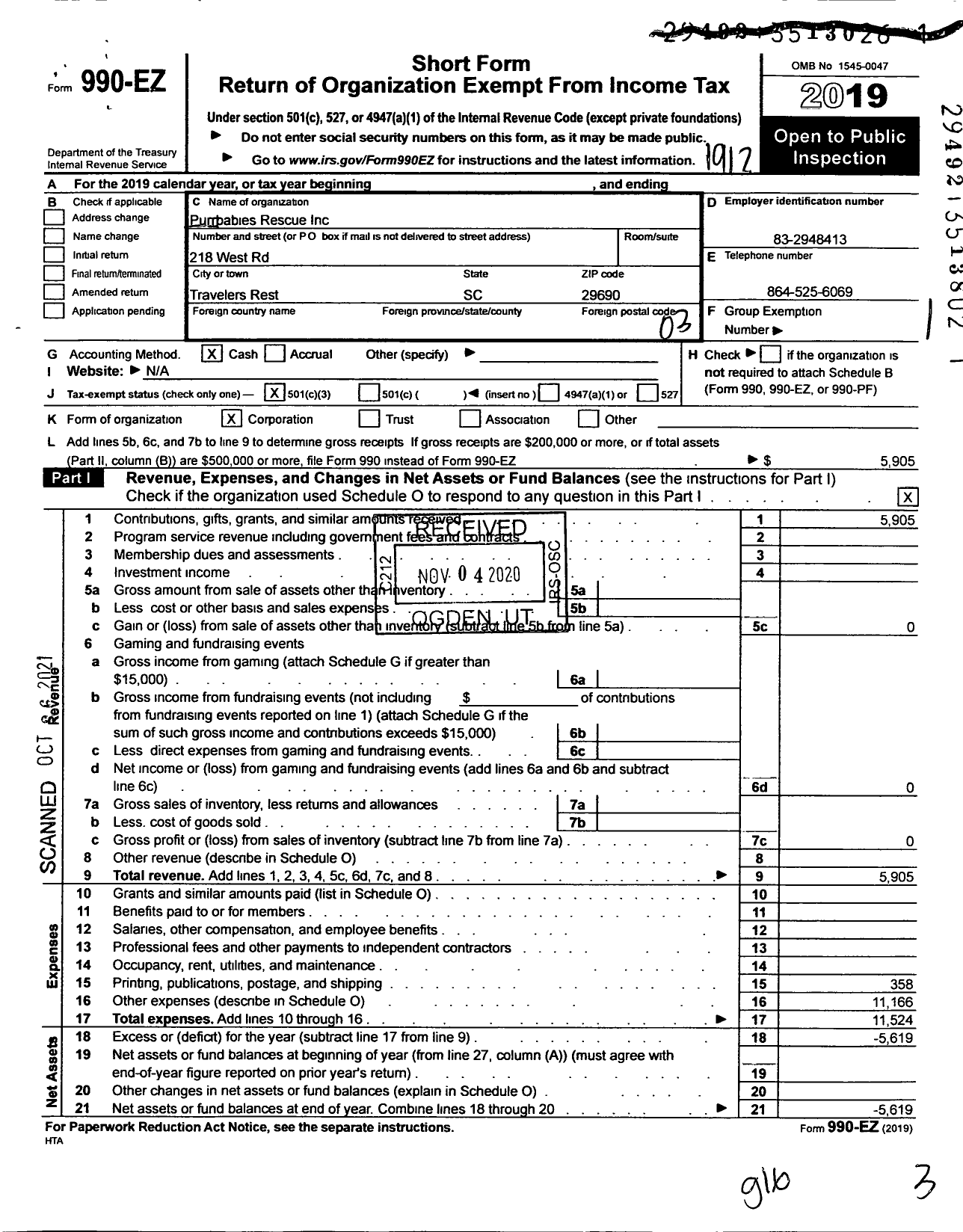 Image of first page of 2019 Form 990EZ for Purrbabies Rescue