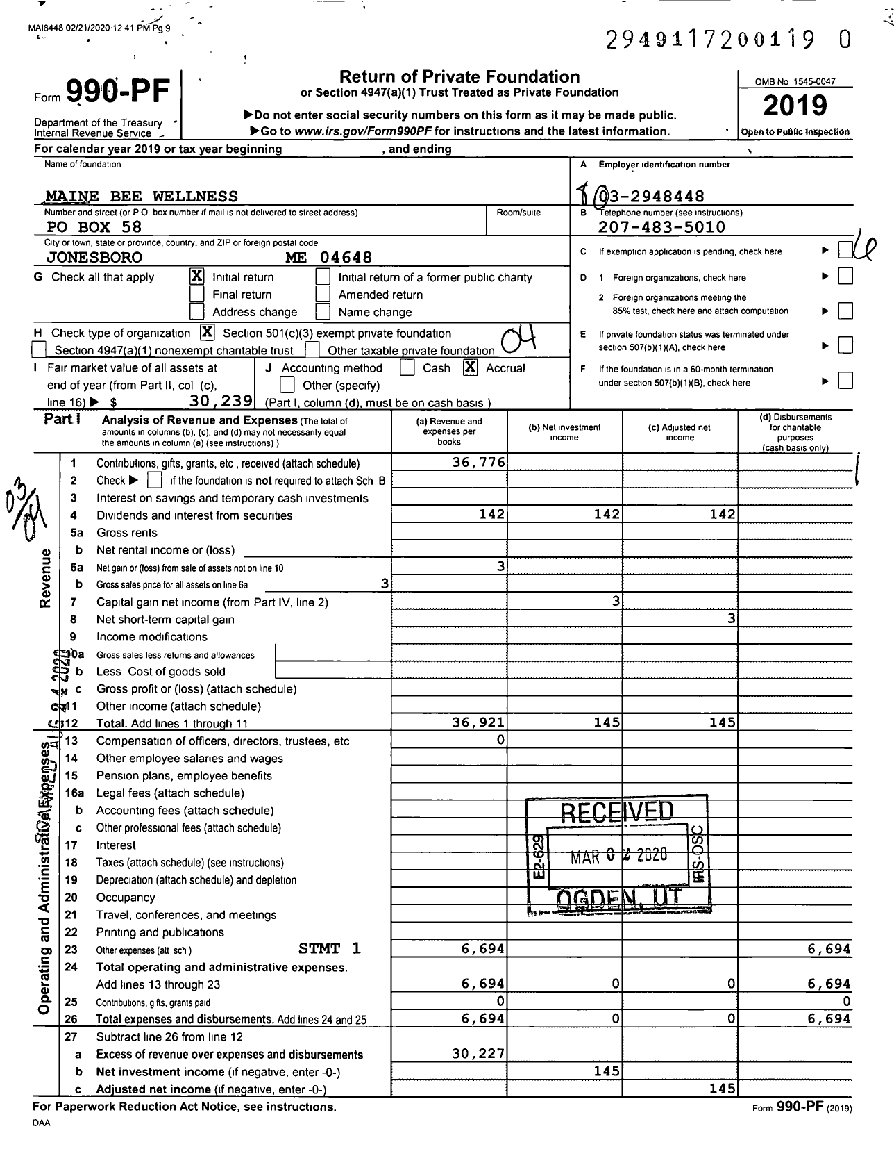 Image of first page of 2019 Form 990PR for Maine Bee Wellness