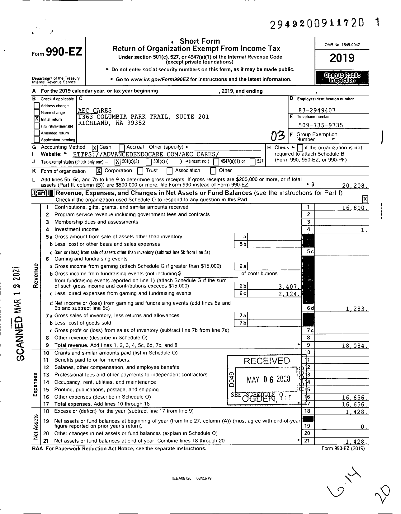 Image of first page of 2019 Form 990EZ for Aec Cares