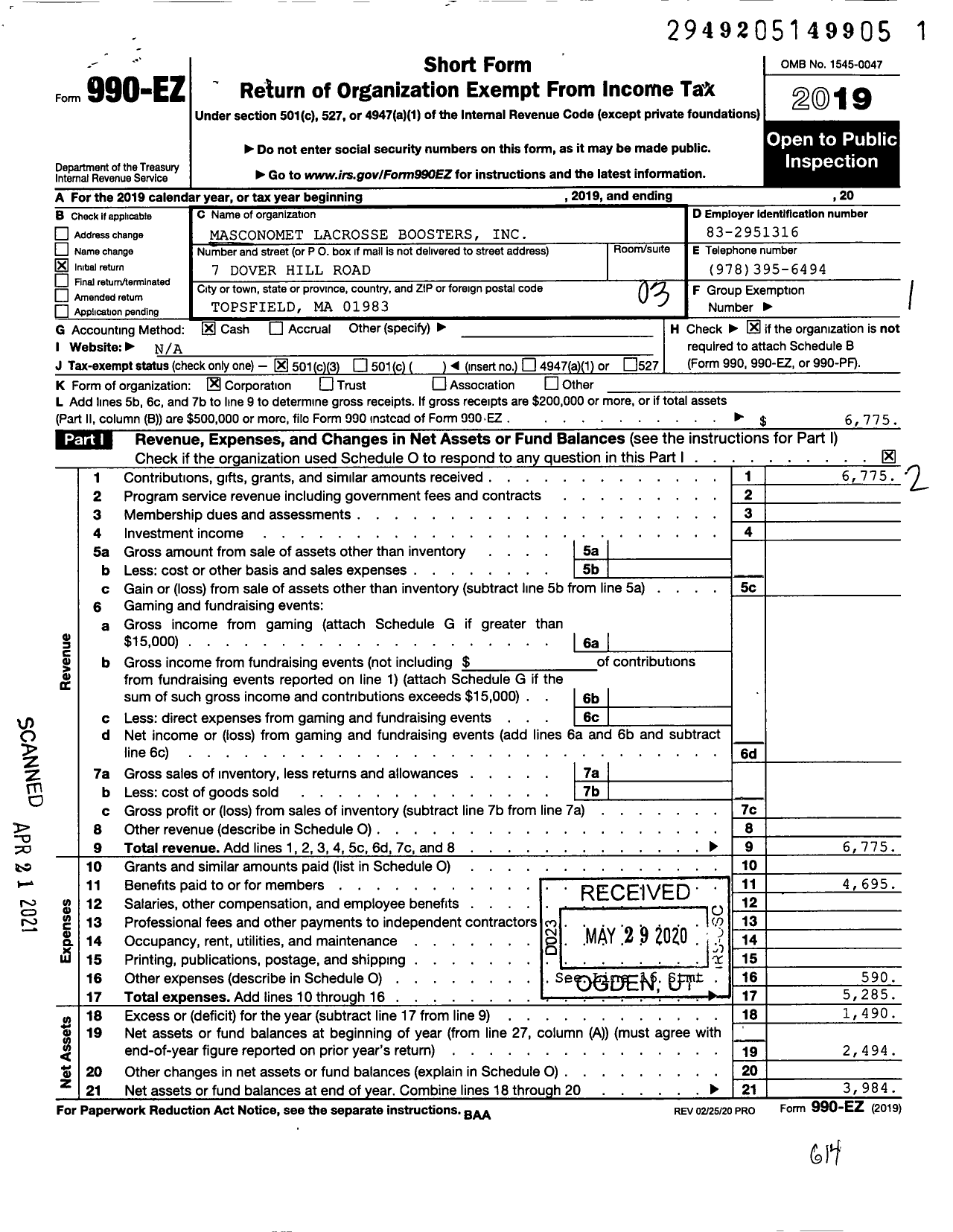 Image of first page of 2019 Form 990EZ for Masconomet Lacrosse Boosters