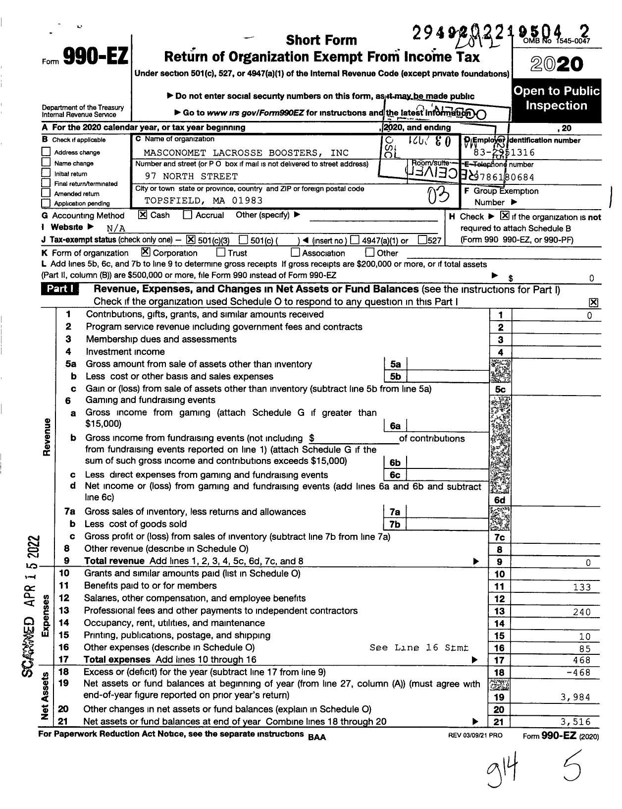 Image of first page of 2020 Form 990EZ for Masconomet Lacrosse Boosters