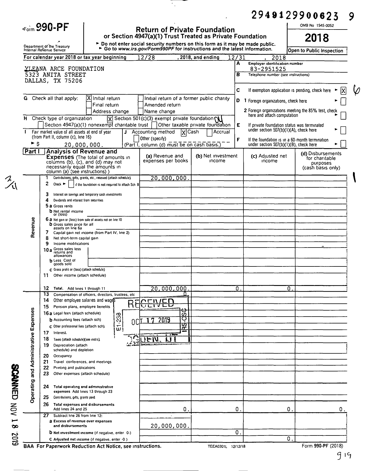 Image of first page of 2018 Form 990PF for Yleana Arce Foundation