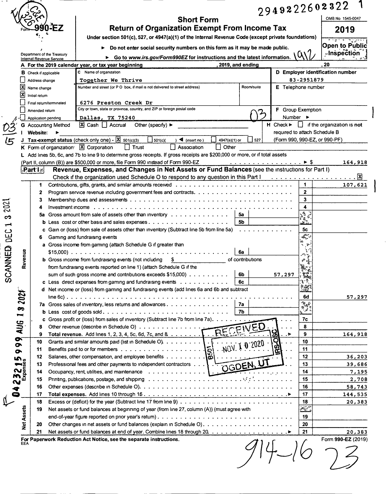 Image of first page of 2019 Form 990EZ for Together We Thrive