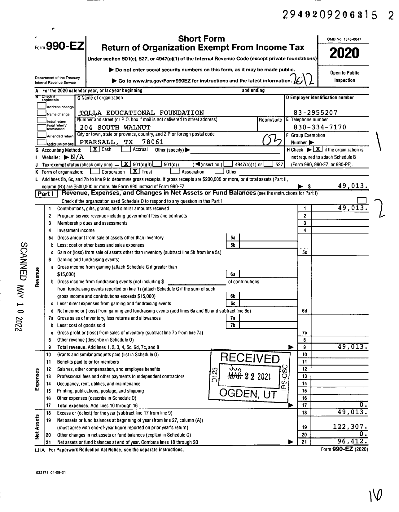 Image of first page of 2020 Form 990EZ for Tolla Educational Foundation