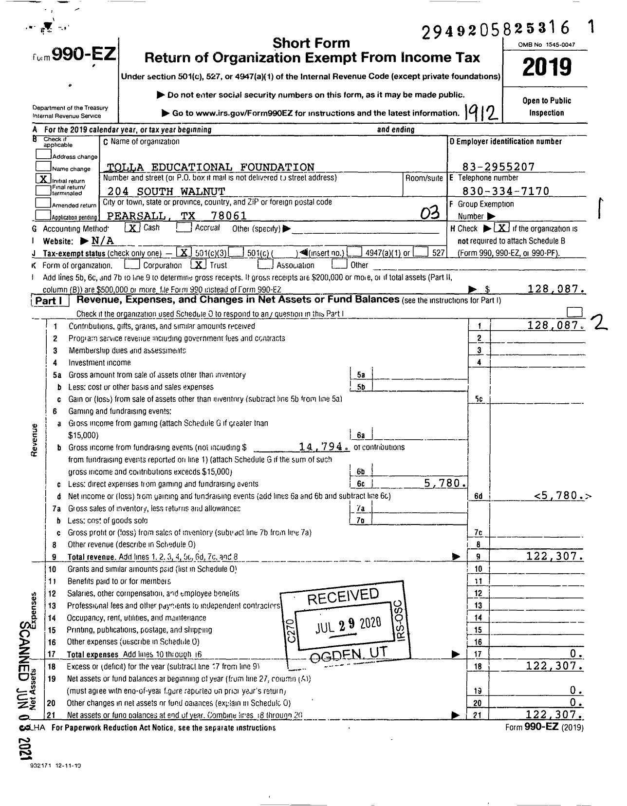 Image of first page of 2019 Form 990EZ for Tolla Educational Foundation