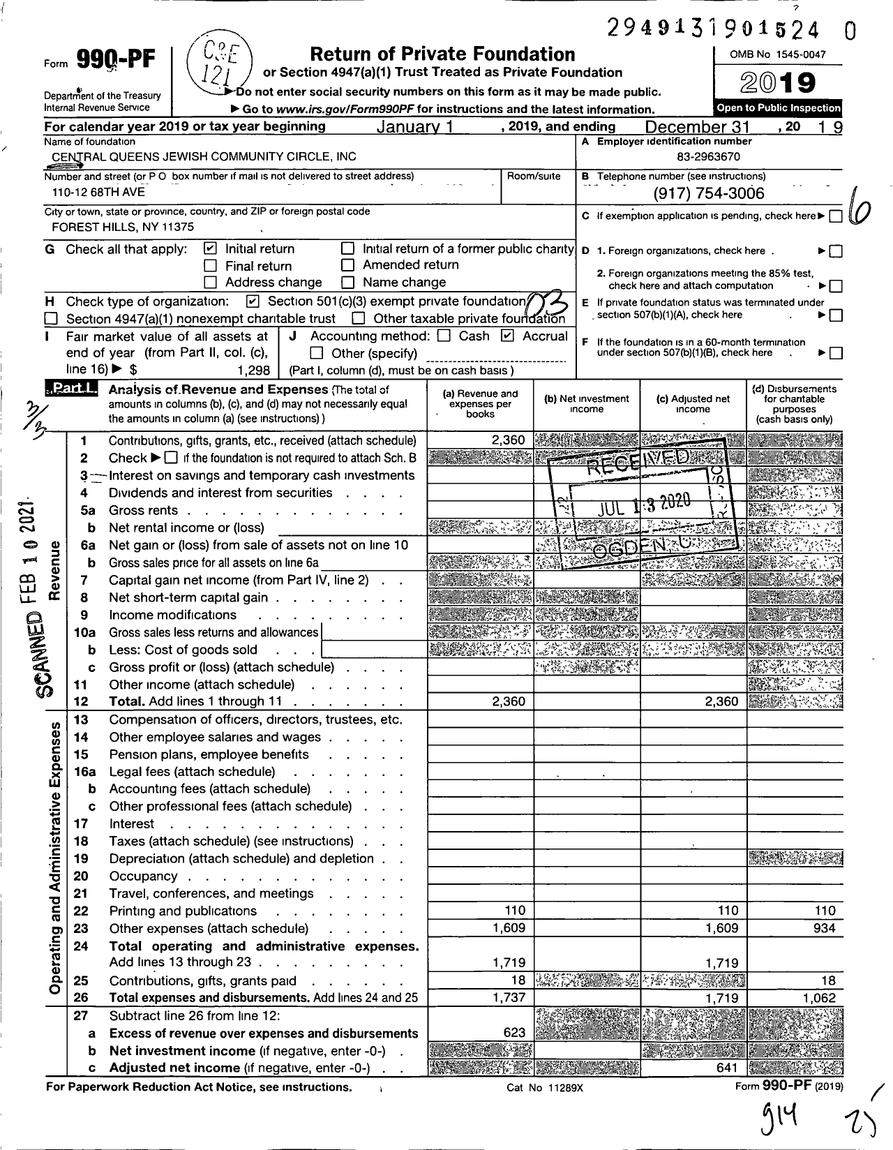 Image of first page of 2019 Form 990PF for Central Queens Jewish Community Circle