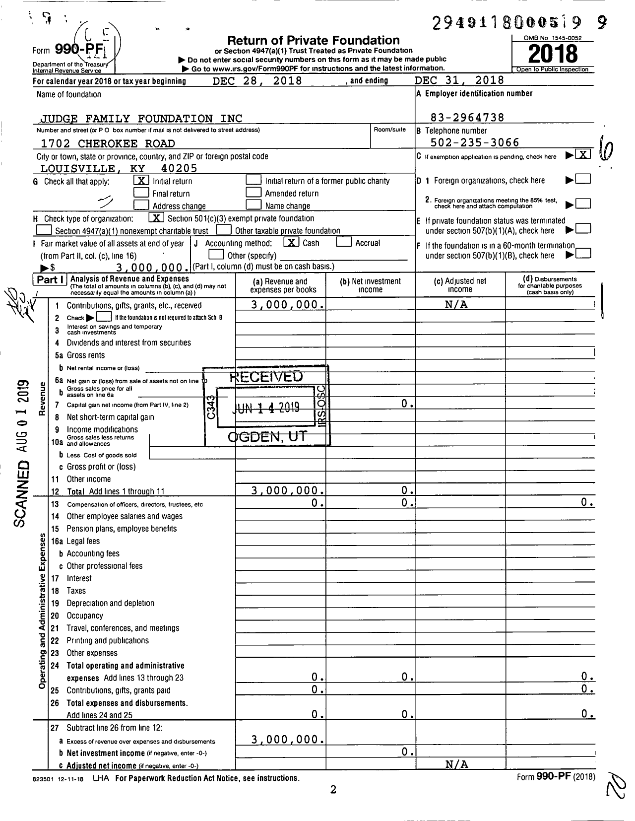 Image of first page of 2018 Form 990PF for Judge Family Foundation