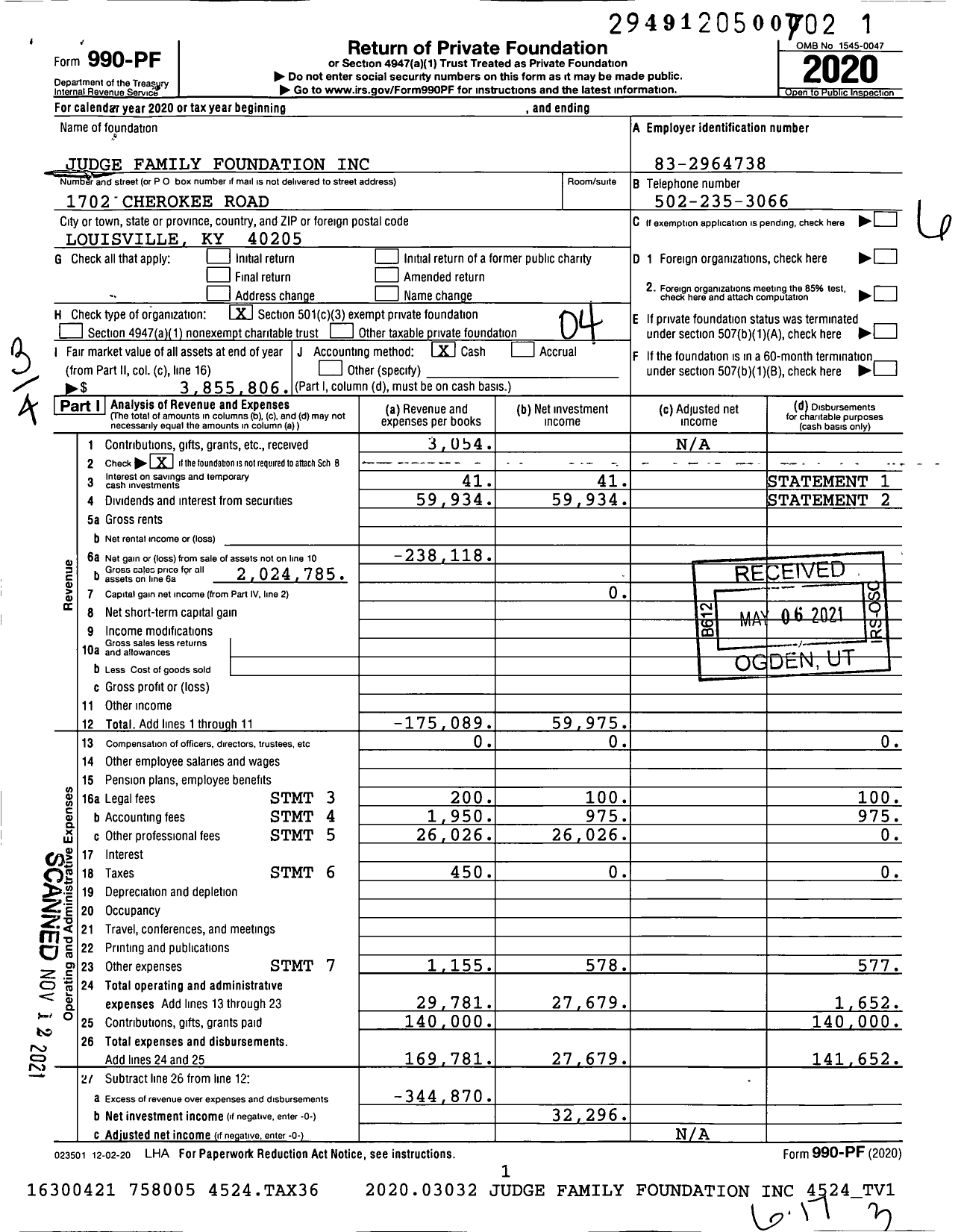 Image of first page of 2020 Form 990PF for Judge Family Foundation