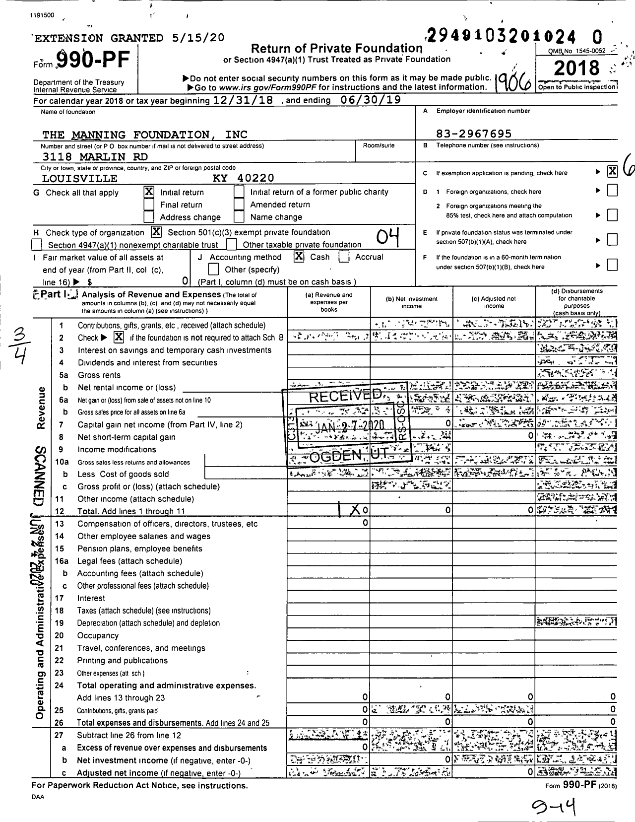 Image of first page of 2018 Form 990PR for The Manning Foundation