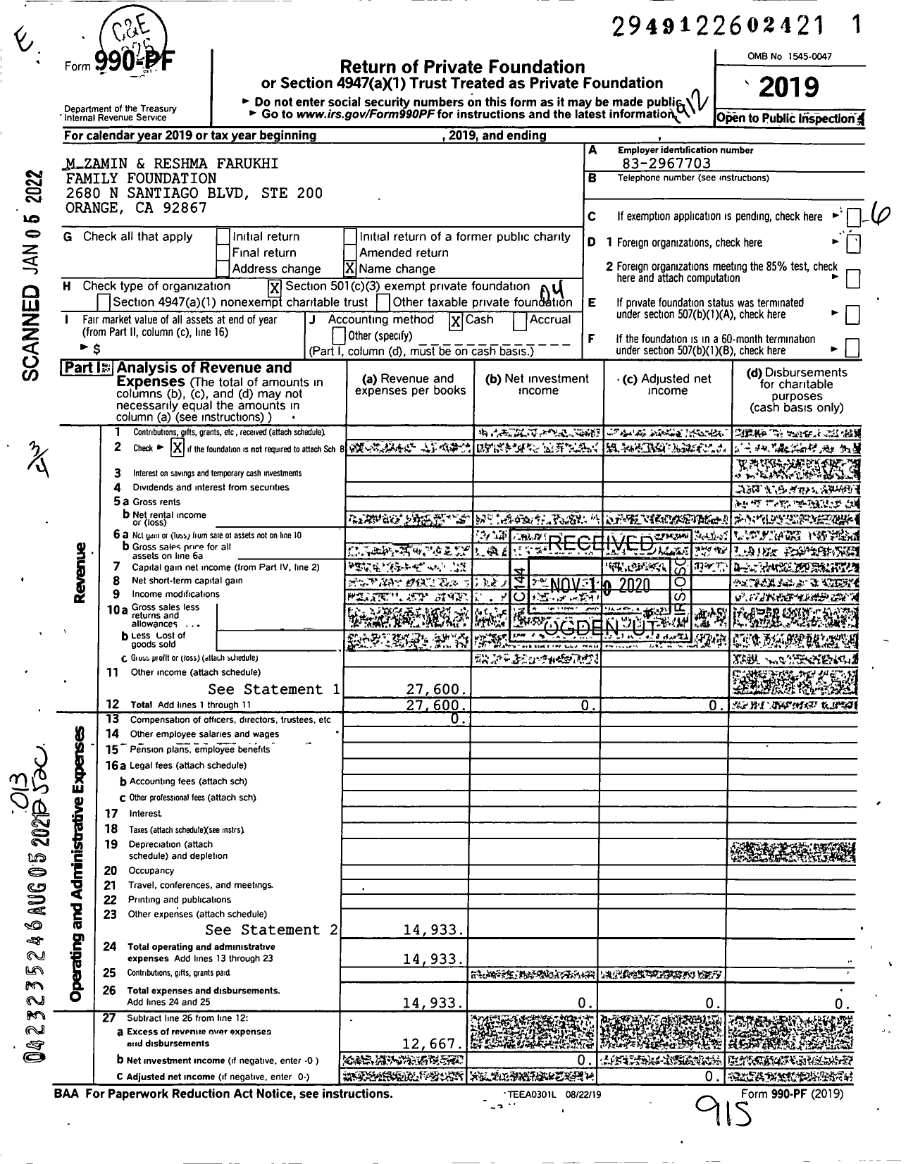 Image of first page of 2019 Form 990PF for M Zamin and Reshma Farukhi Family Foundation