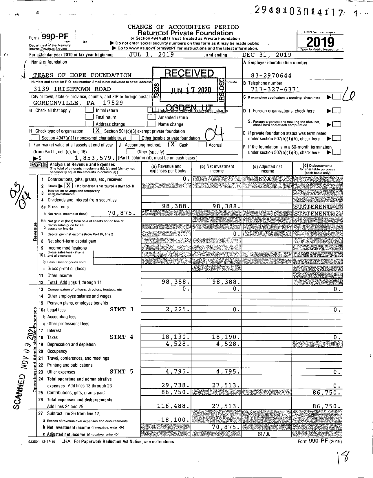 Image of first page of 2019 Form 990PF for Tears of Hope Foundation