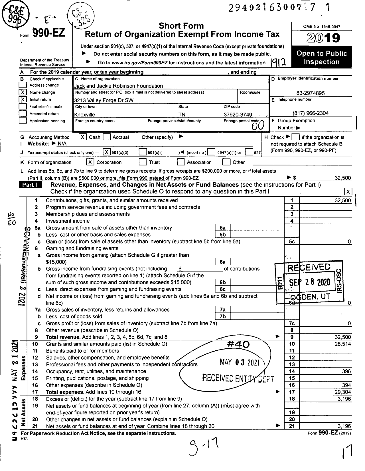 Image of first page of 2019 Form 990EO for Jack and Jackie Robnison Foundation