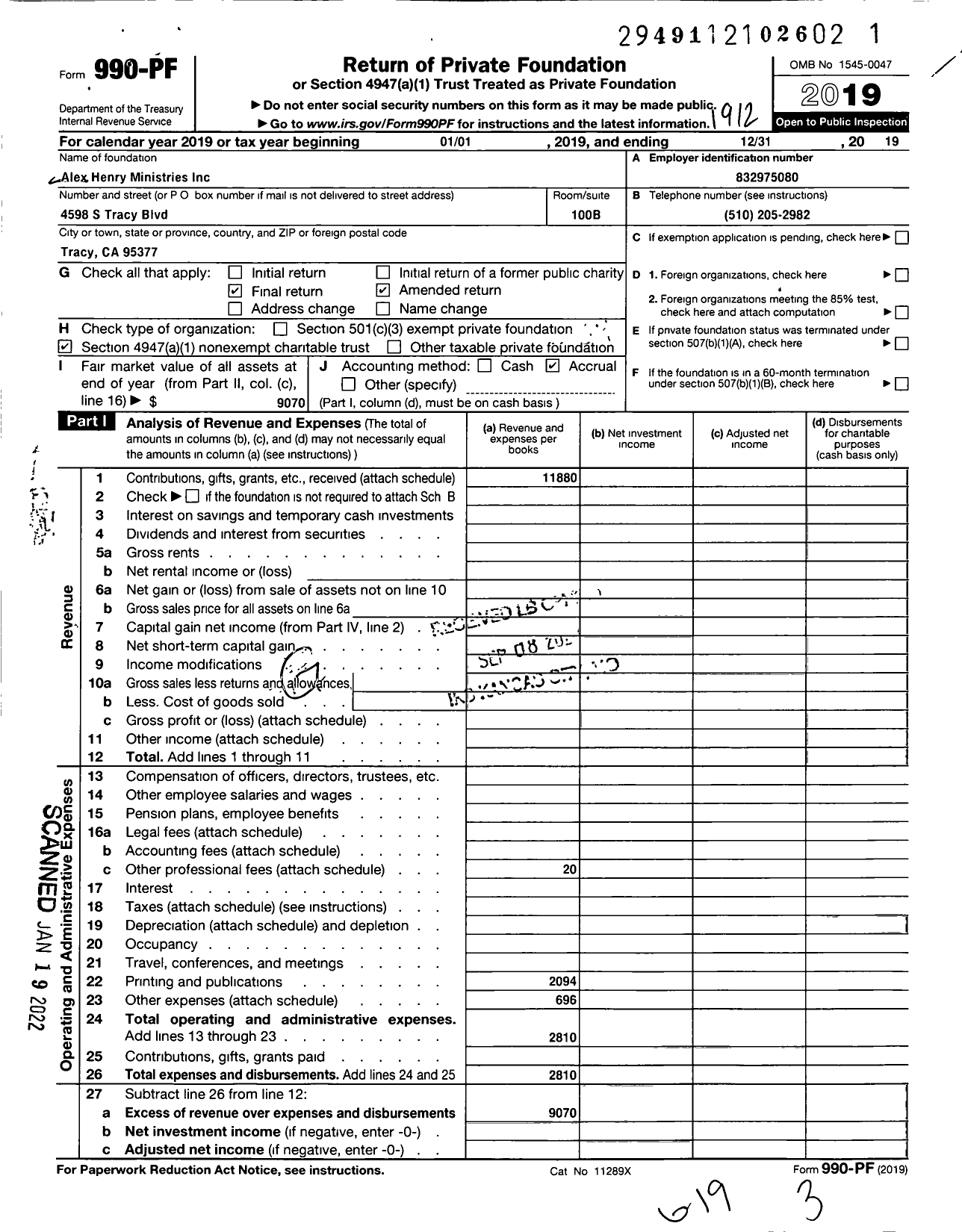 Image of first page of 2019 Form 990PF for Alex Henry Ministries