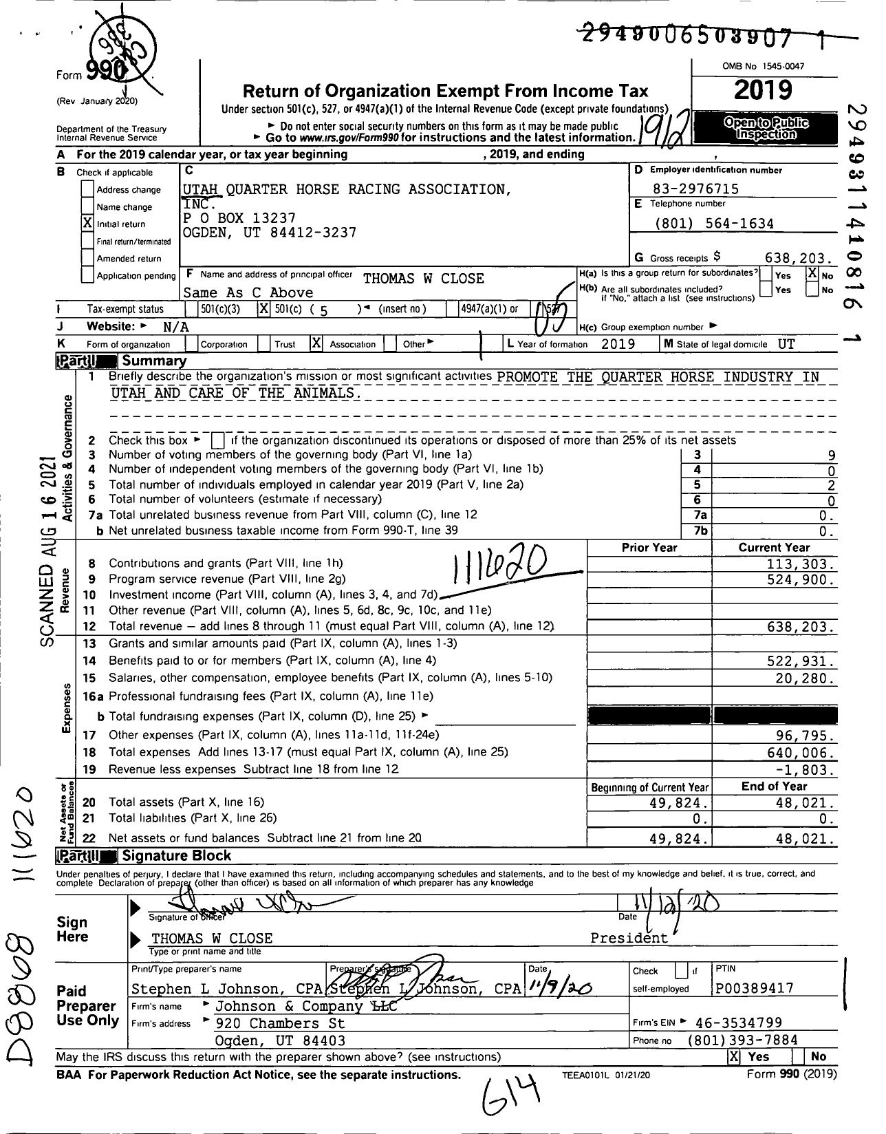 Image of first page of 2019 Form 990O for Utah Quarter Horse Racing Association (UQHRA)