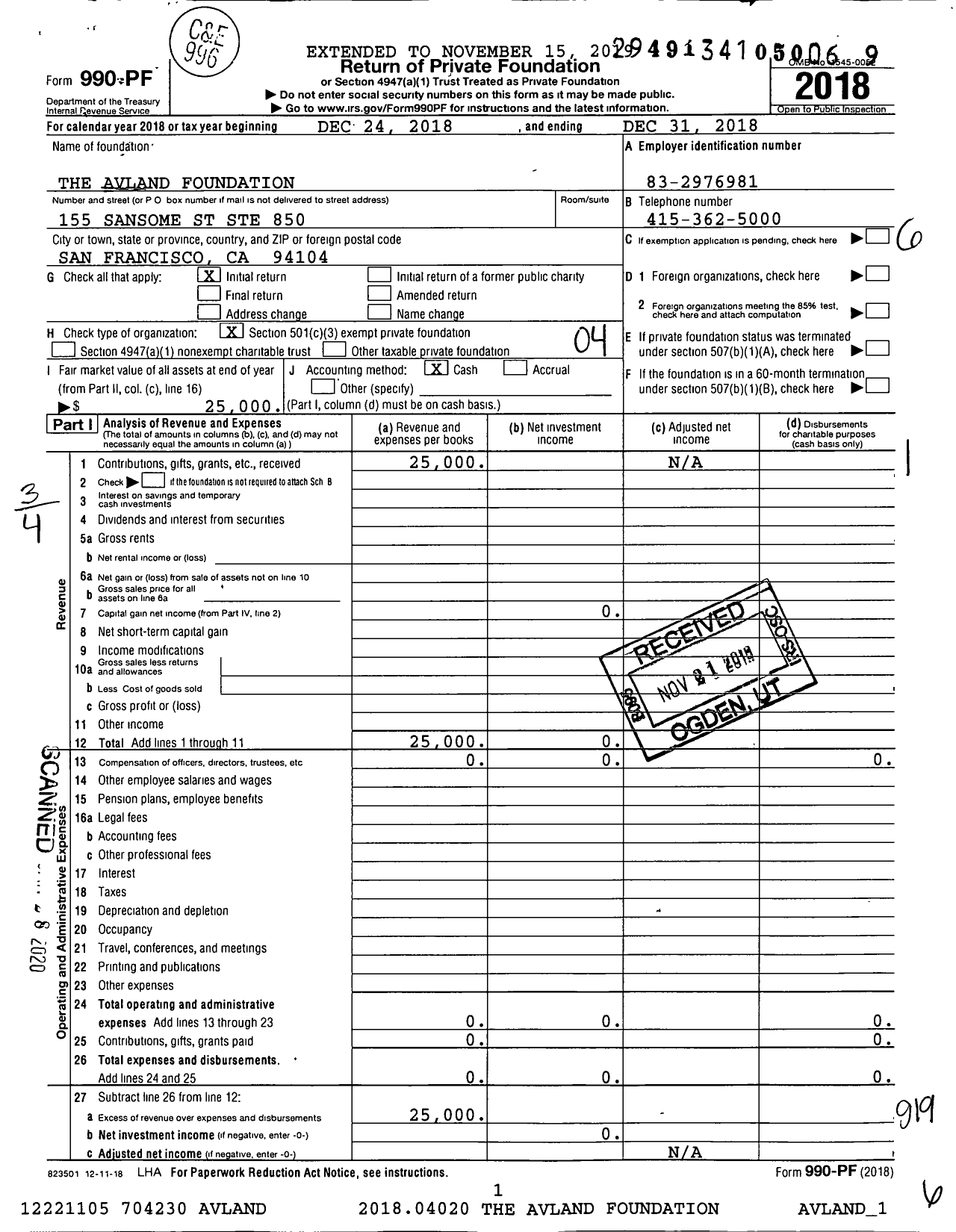 Image of first page of 2018 Form 990PF for Avland Foundation