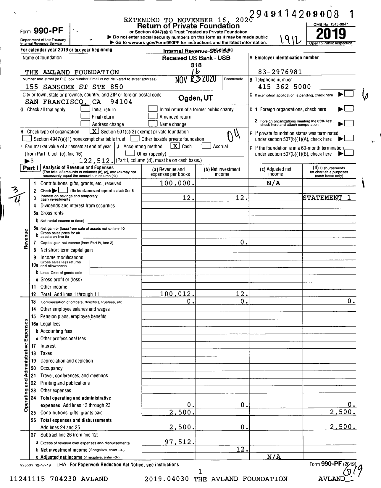 Image of first page of 2019 Form 990PF for Avland Foundation