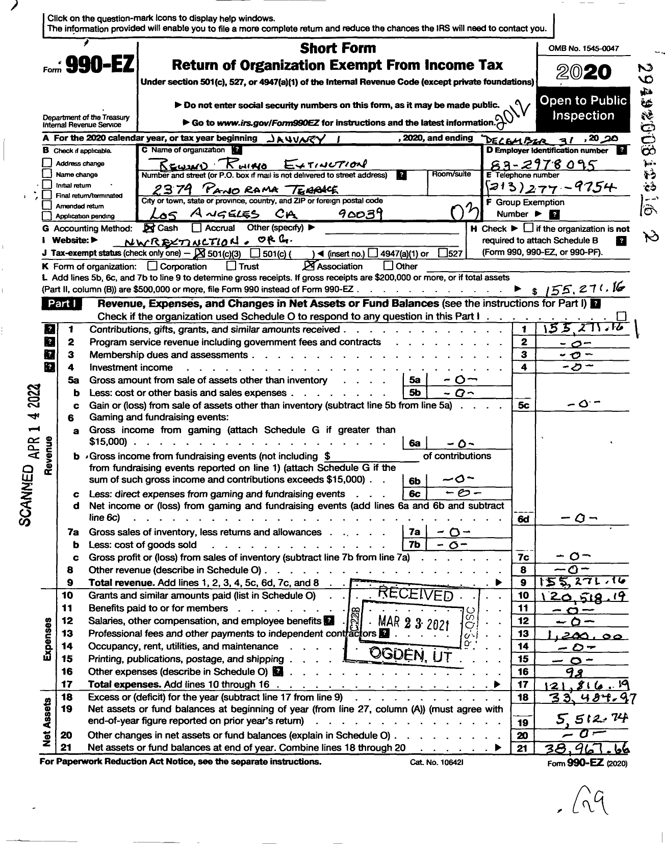 Image of first page of 2020 Form 990EZ for Rewind Rhino Extincton