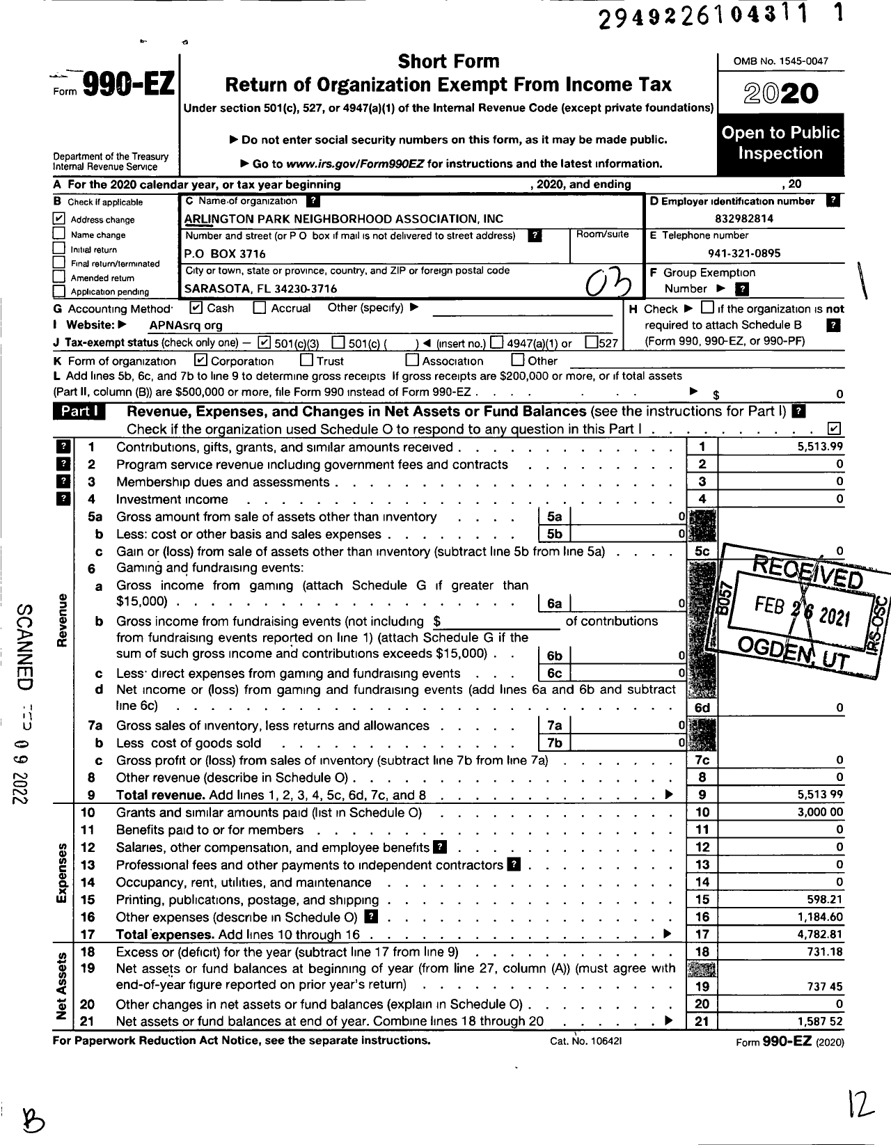 Image of first page of 2020 Form 990EZ for Arlington Park Neighborhood Association Incorporated