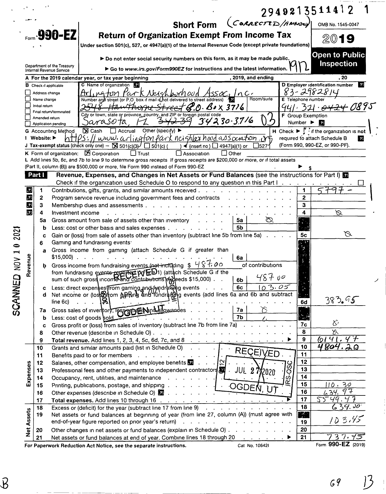 Image of first page of 2019 Form 990EZ for Arlington Park Neighborhood Association Incorporated