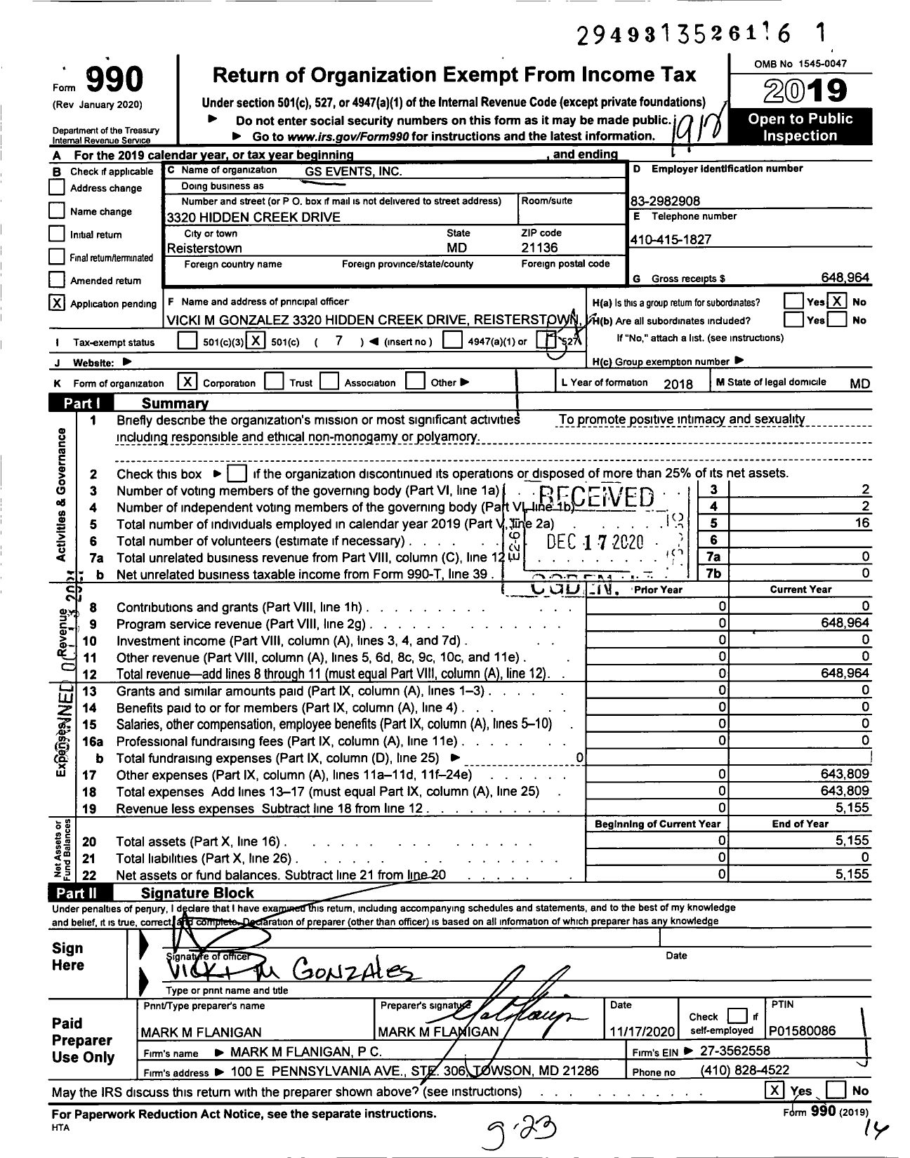 Image of first page of 2019 Form 990O for GS Events