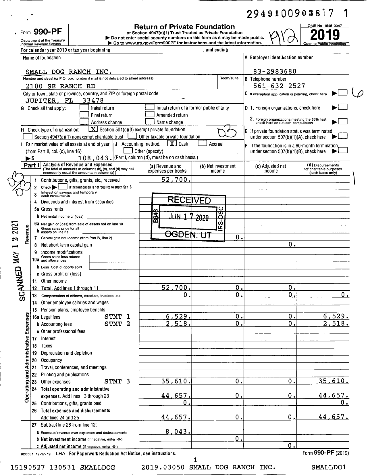 Image of first page of 2019 Form 990PF for Small Dog Ranch