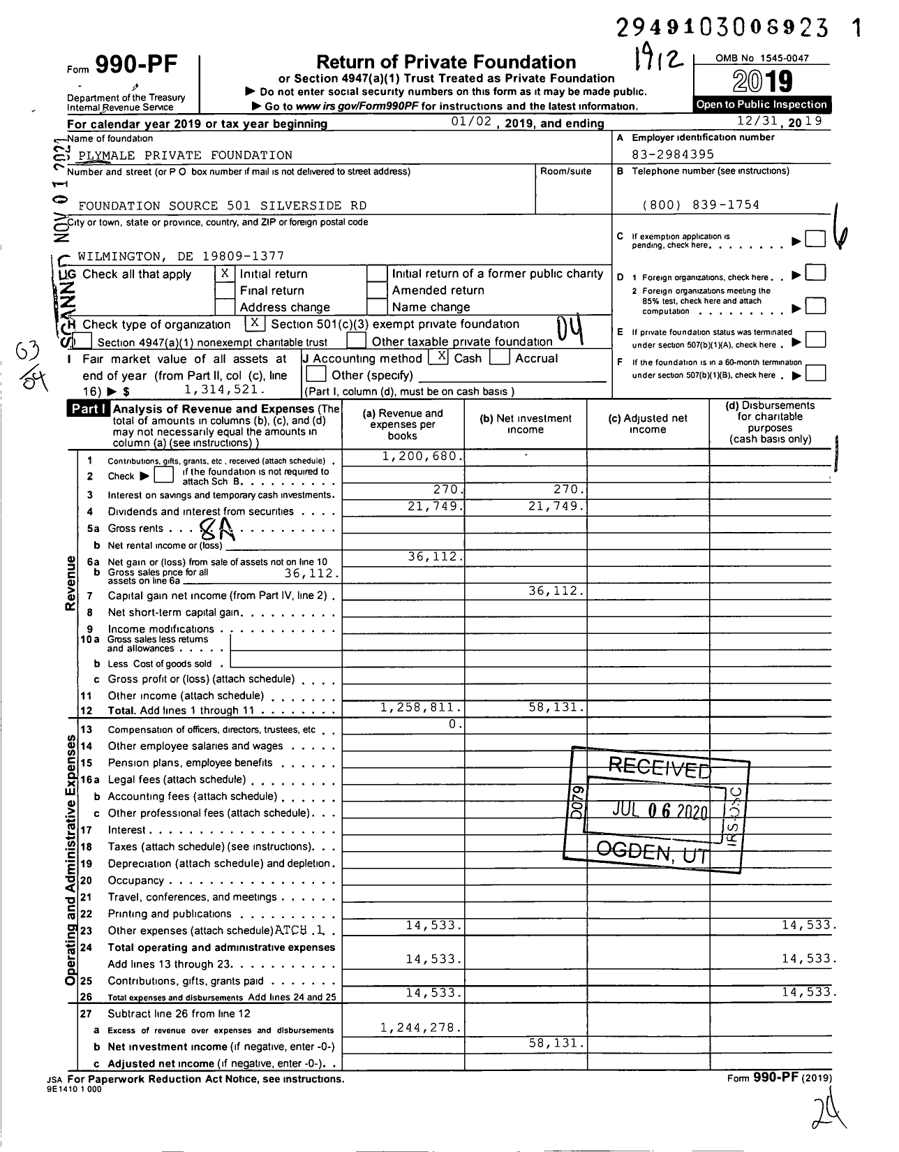 Image of first page of 2019 Form 990PF for Plymale Private Foundation