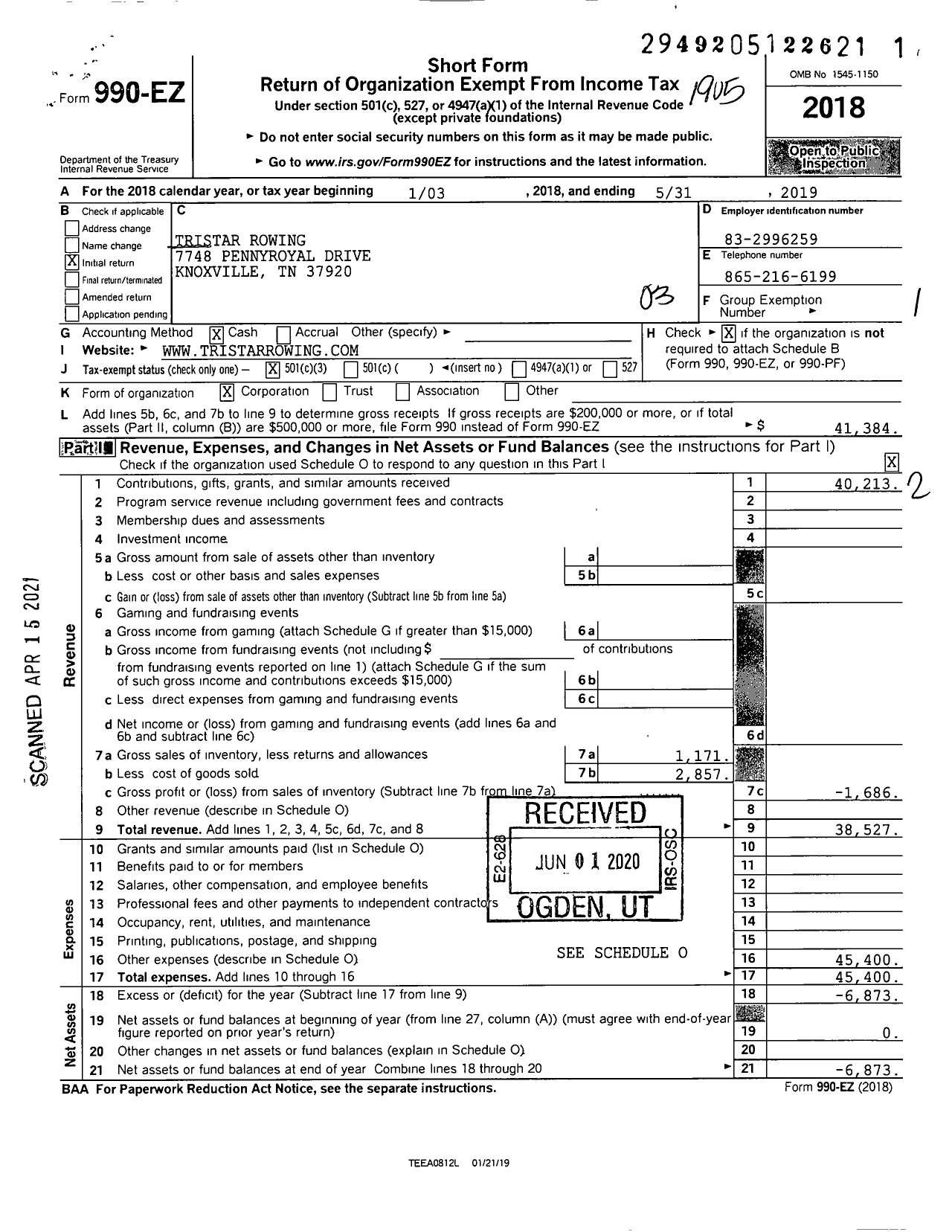 Image of first page of 2018 Form 990EZ for Tristar Rowing