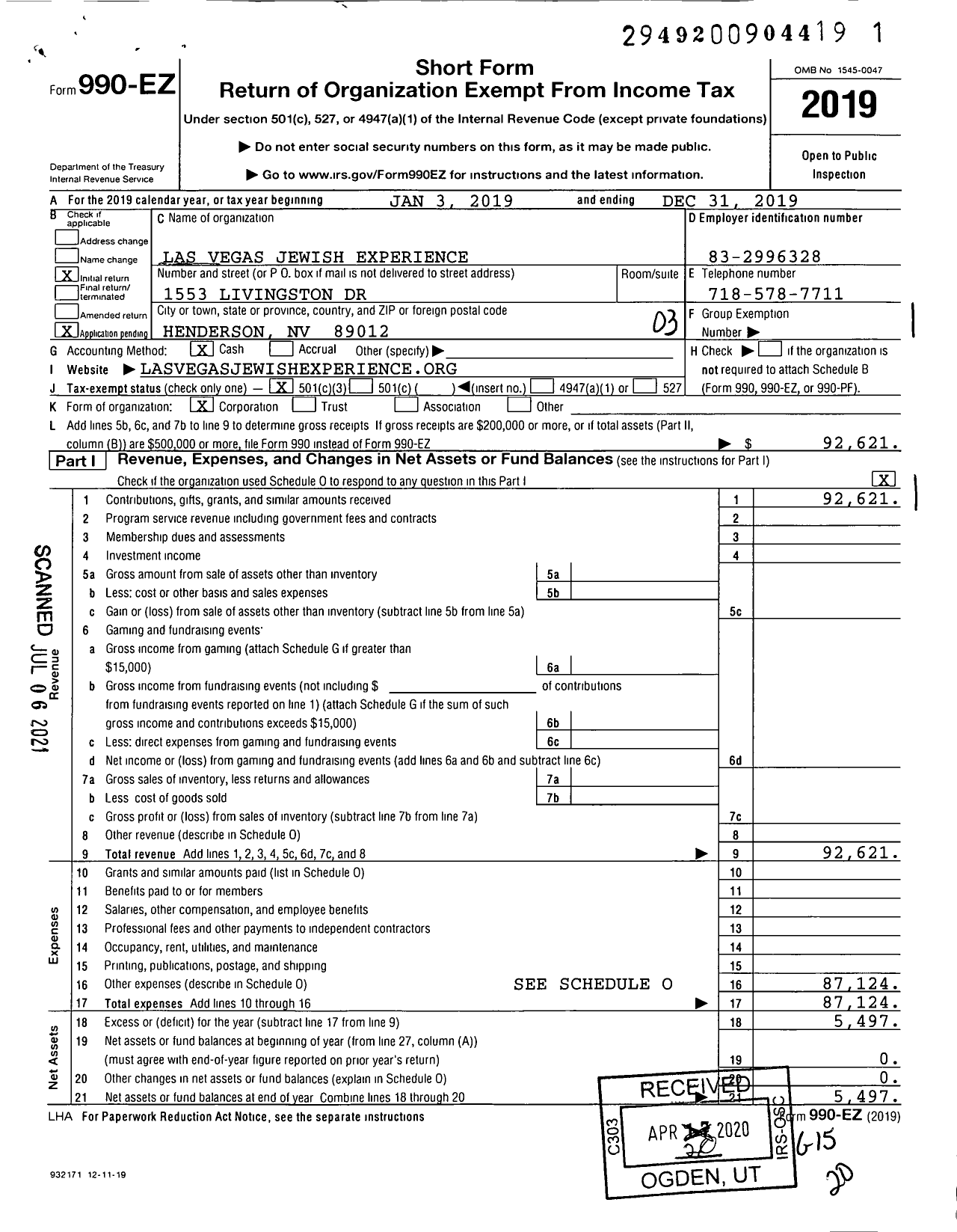 Image of first page of 2019 Form 990EZ for Las Vegas Jewish Experience