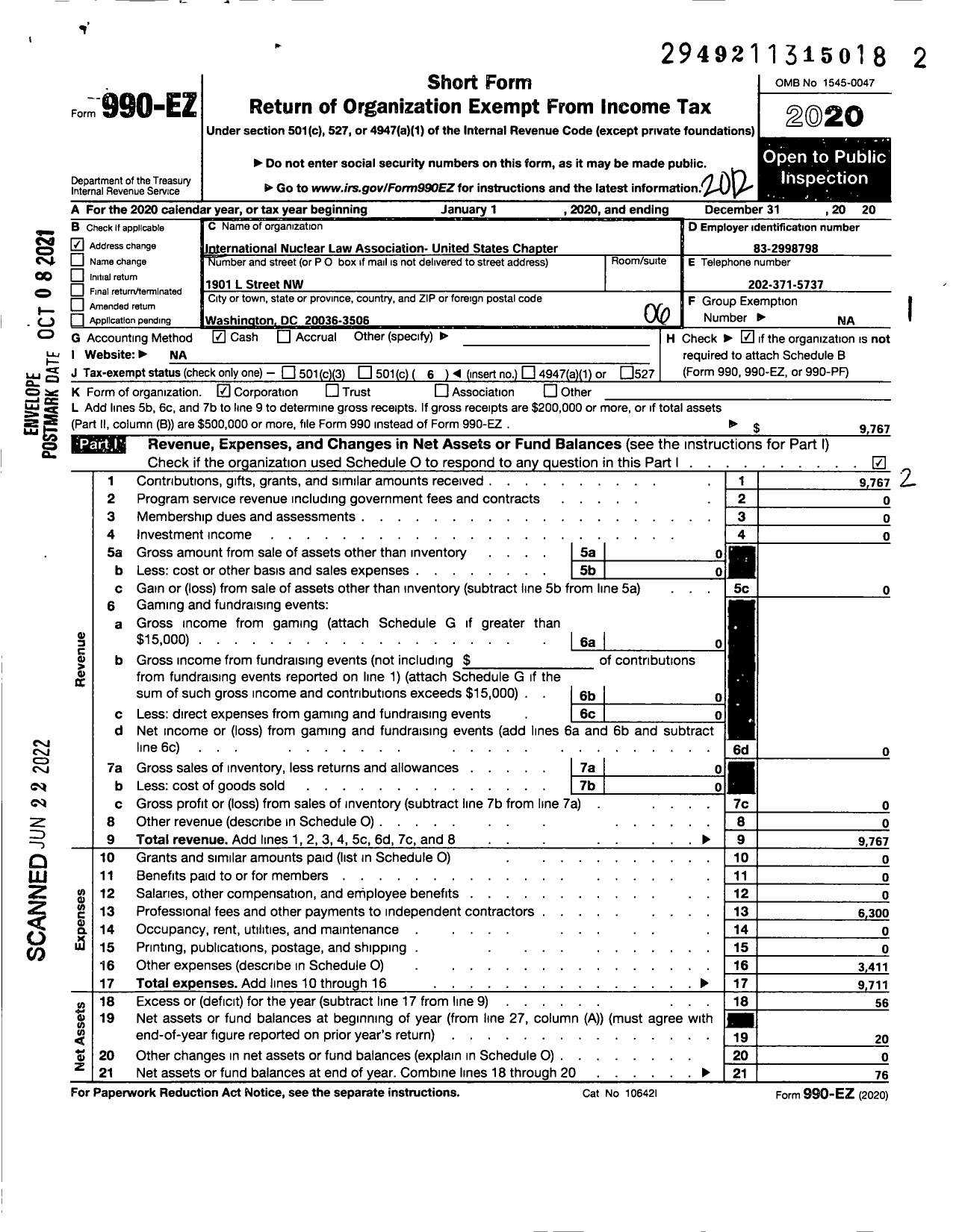 Image of first page of 2020 Form 990EO for INTERNATIONAL Nuclear Law ASSOCIATION- UNITED STATES Chapter William Horin President