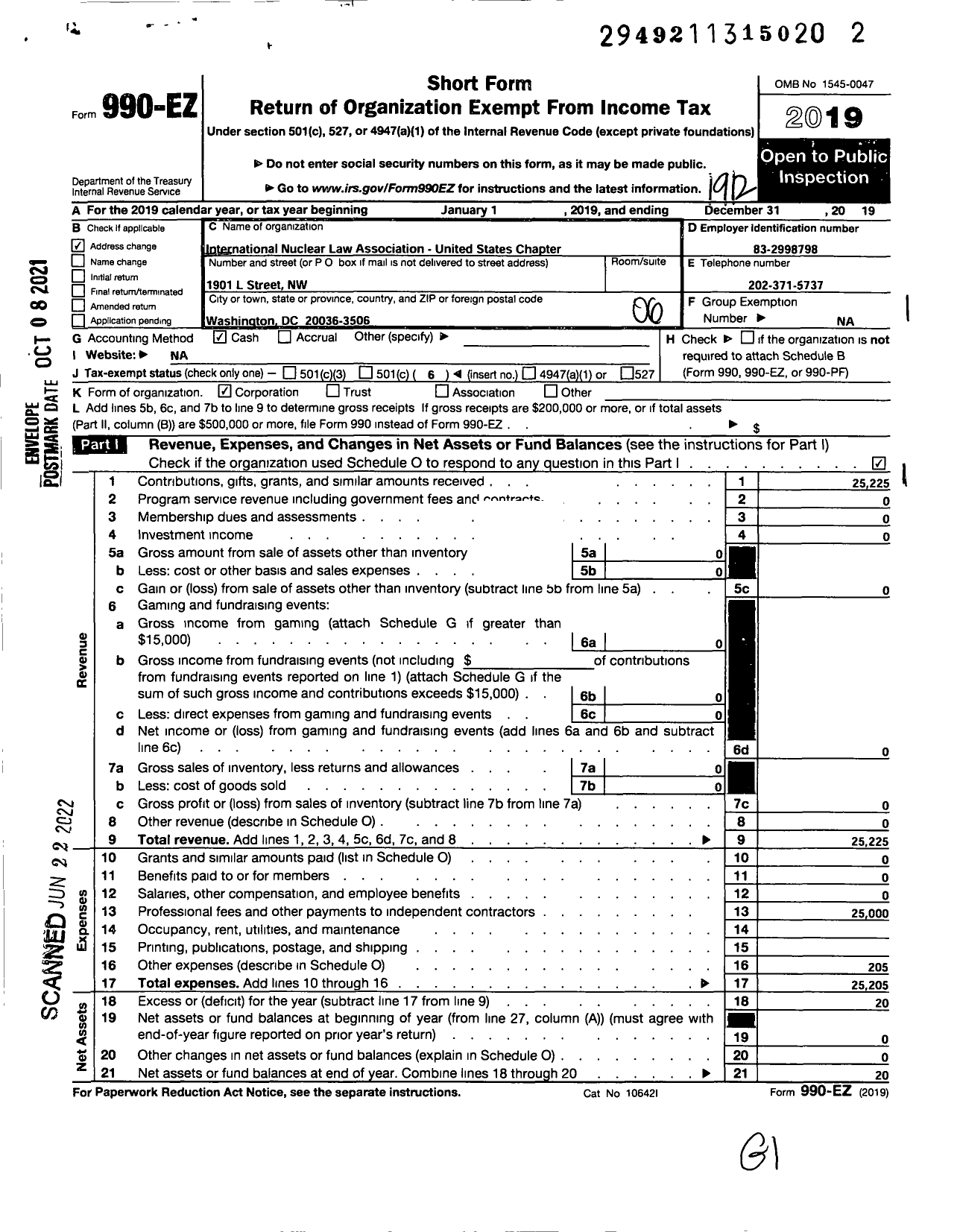 Image of first page of 2019 Form 990EO for INTERNATIONAL Nuclear Law ASSOCIATION- UNITED STATES Chapter William Horin President