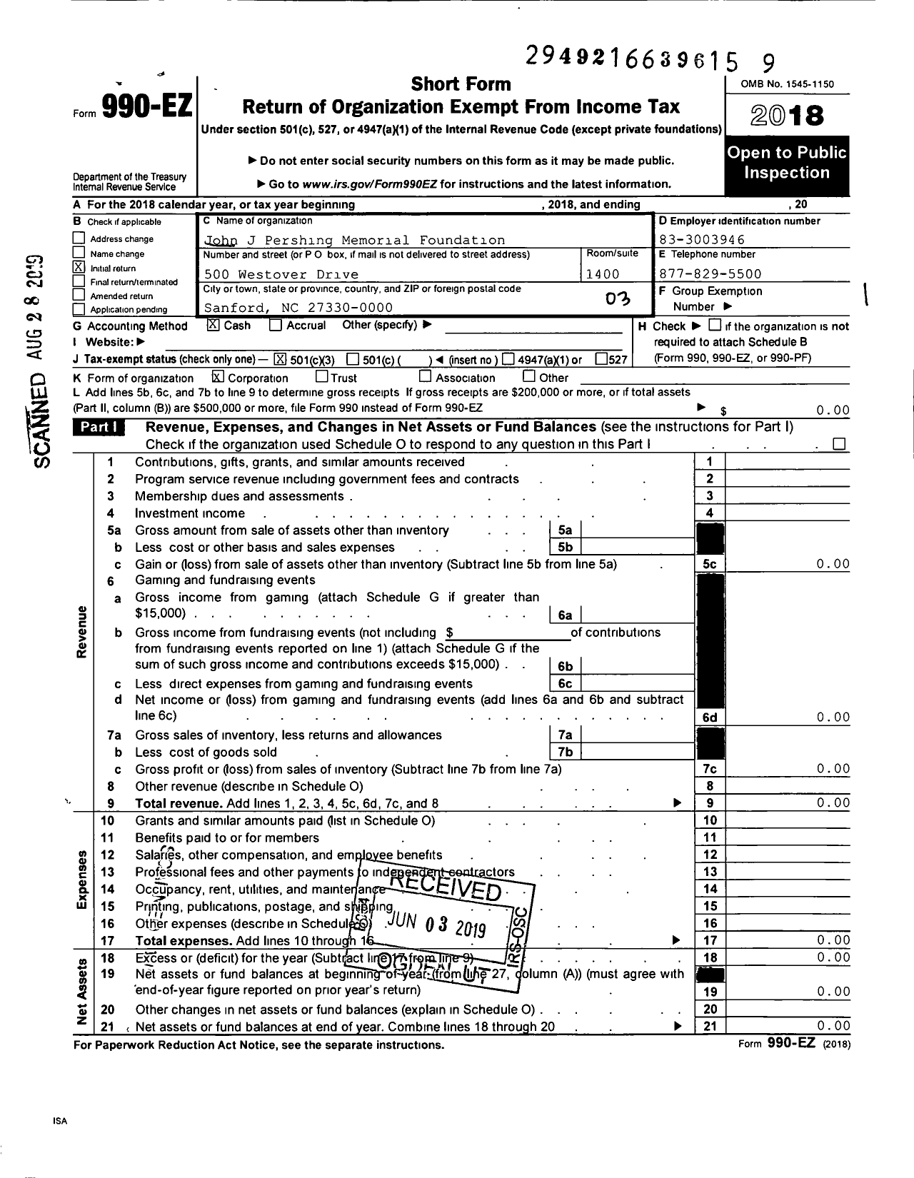 Image of first page of 2018 Form 990EZ for John J Pershing Memorial Foundation