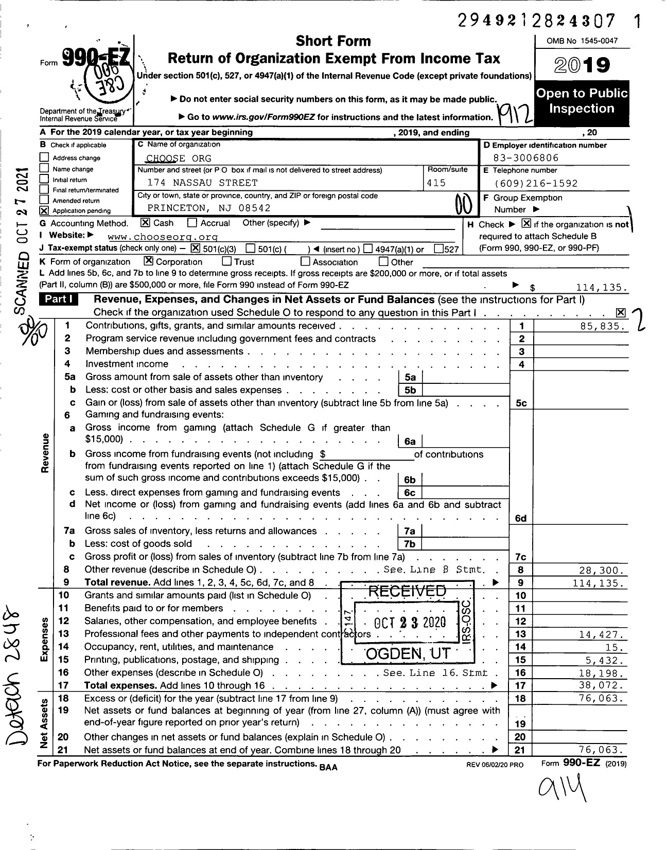 Image of first page of 2019 Form 990EO for The Choose Organization