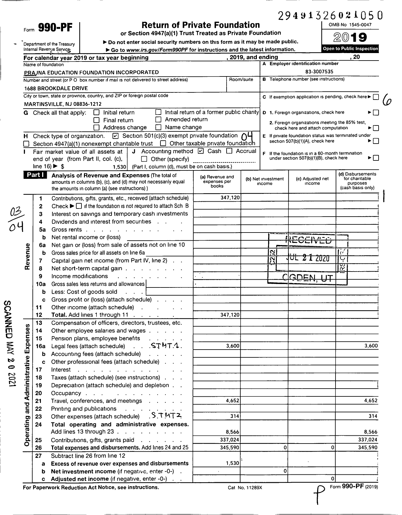 Image of first page of 2019 Form 990PF for Prajna Education Foundation Incorporated